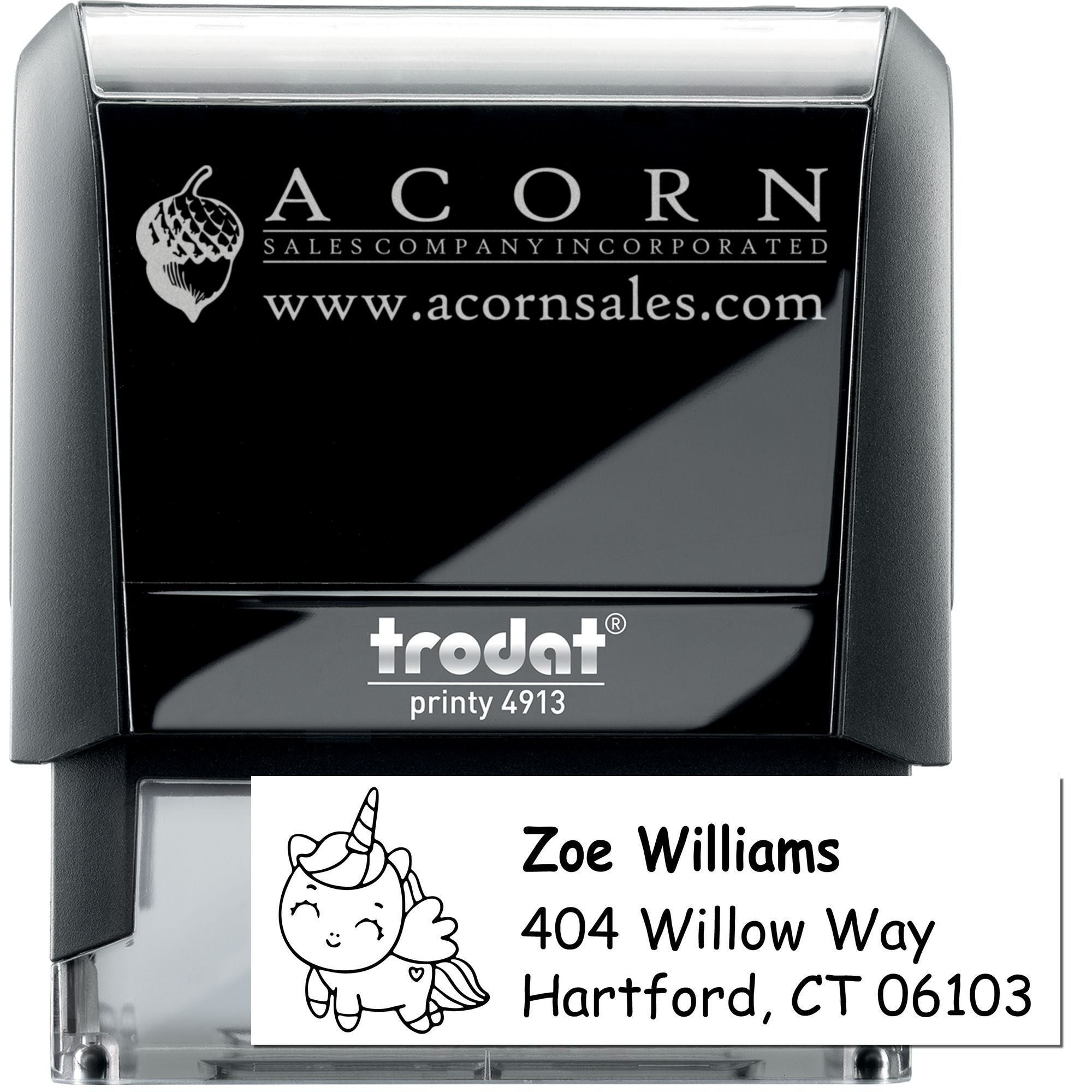 Trodat Printy self-inking custom rubber stamp with business logo and personalized address imprint.