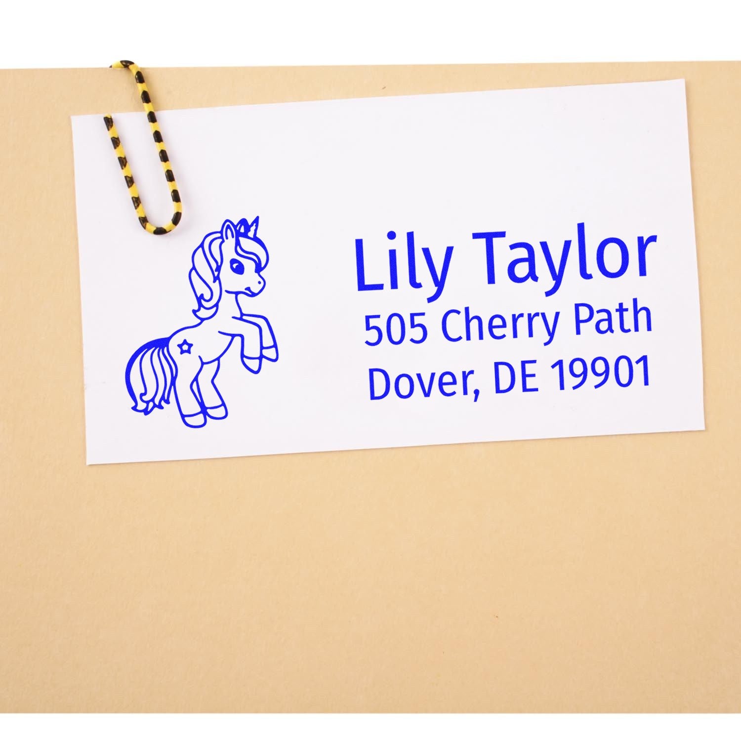Custom unicorn address rubber stamp for Lily Taylor, 505 Cherry Path, Dover, DE 19901