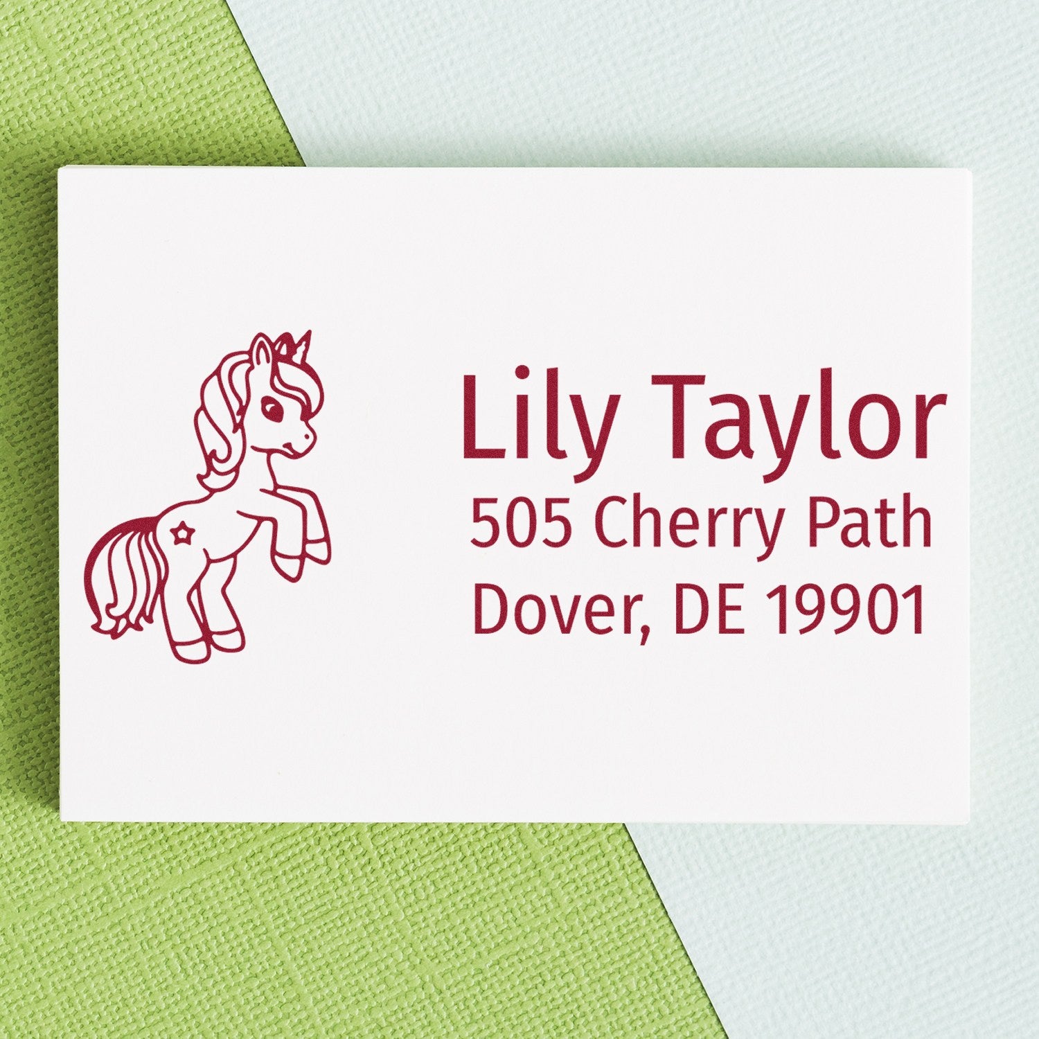 Custom unicorn return address rubber stamp with Lily Taylor, 505 Cherry Path, Dover, DE 19901