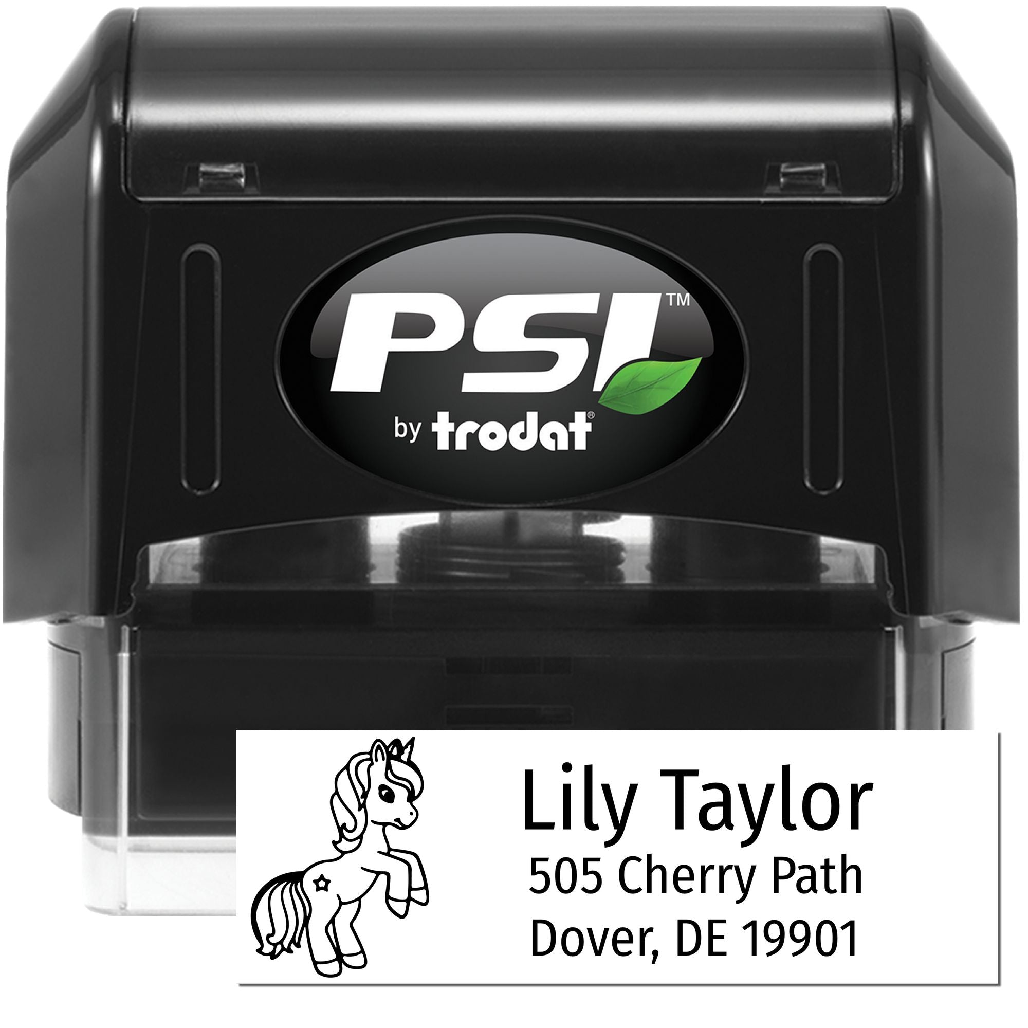 Custom self-inking address rubber stamp by PSI Trodat for return mailing labels, featuring Lily Taylor address and unicorn design.