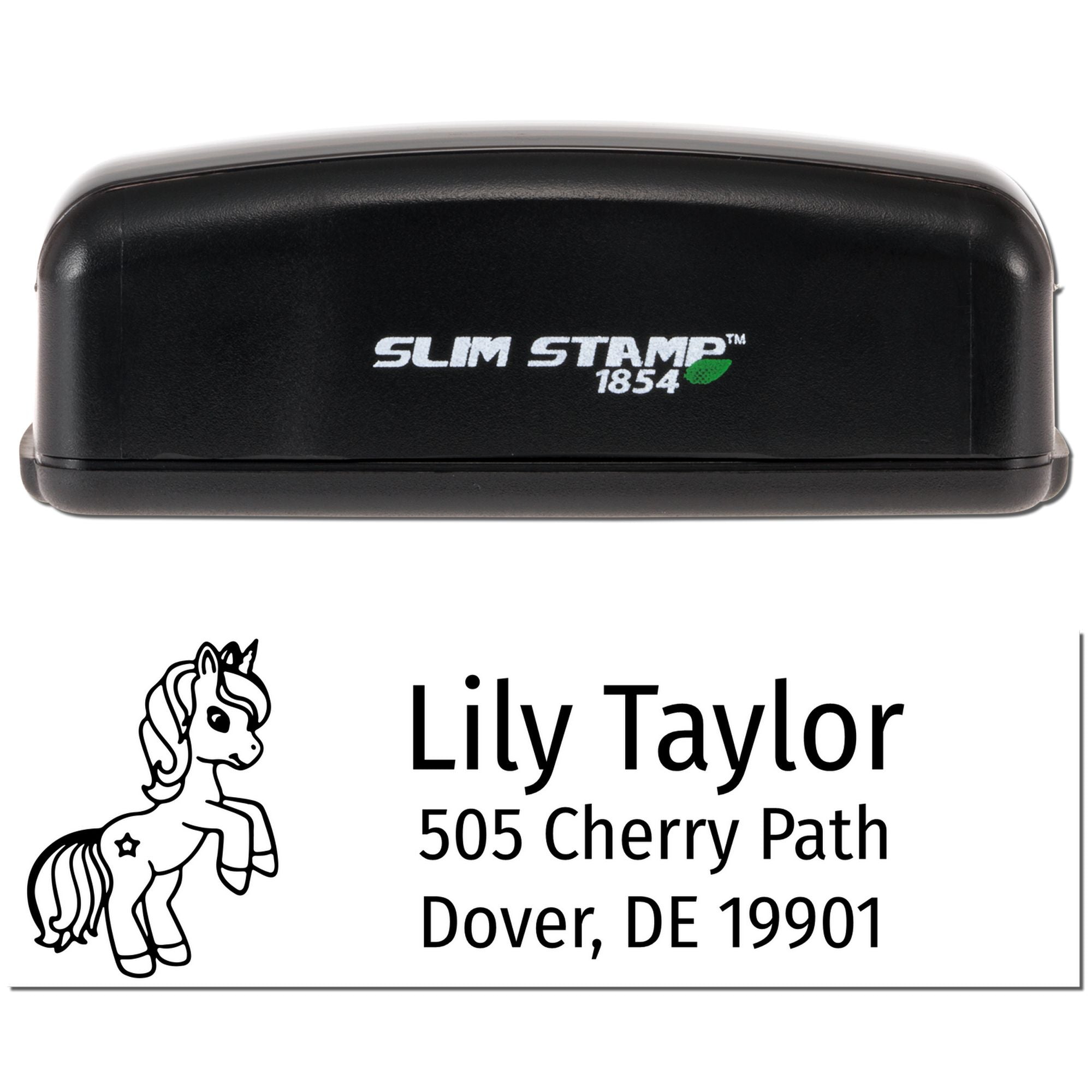 Slim Stamp 1854 custom self-inking rubber stamp with unicorn address imprint for Lily Taylor, Dover, DE 19901.