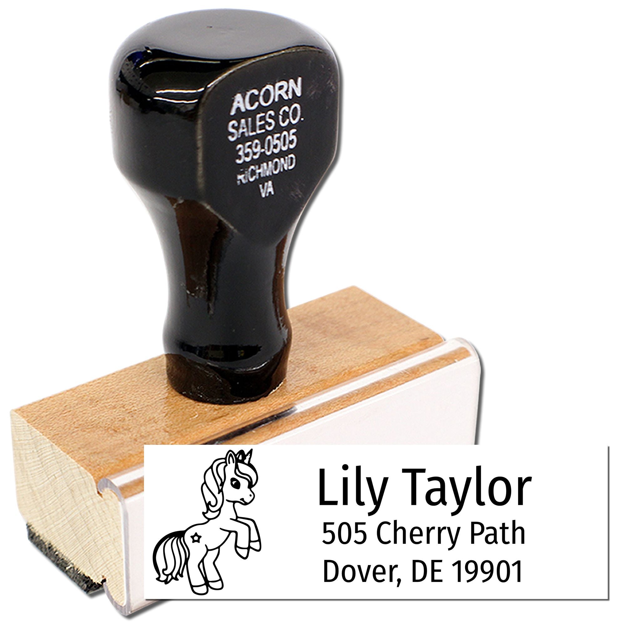 Custom wooden rubber address stamp with pony logo and personalized mailing imprint for home or business use.