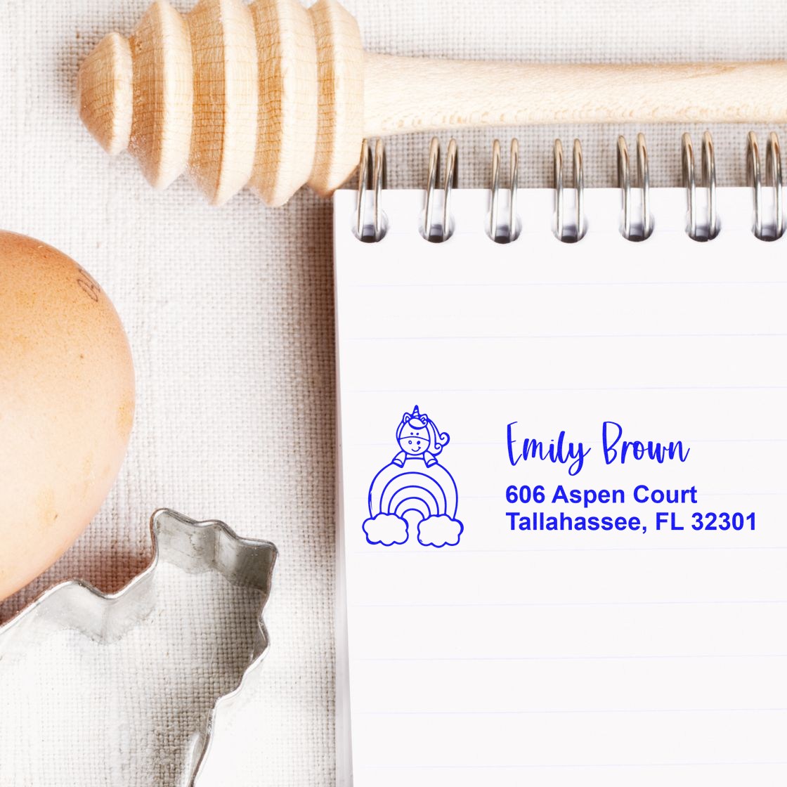 Custom unicorn return address rubber stamp with name and Tallahassee, FL address for stationery and mailing.