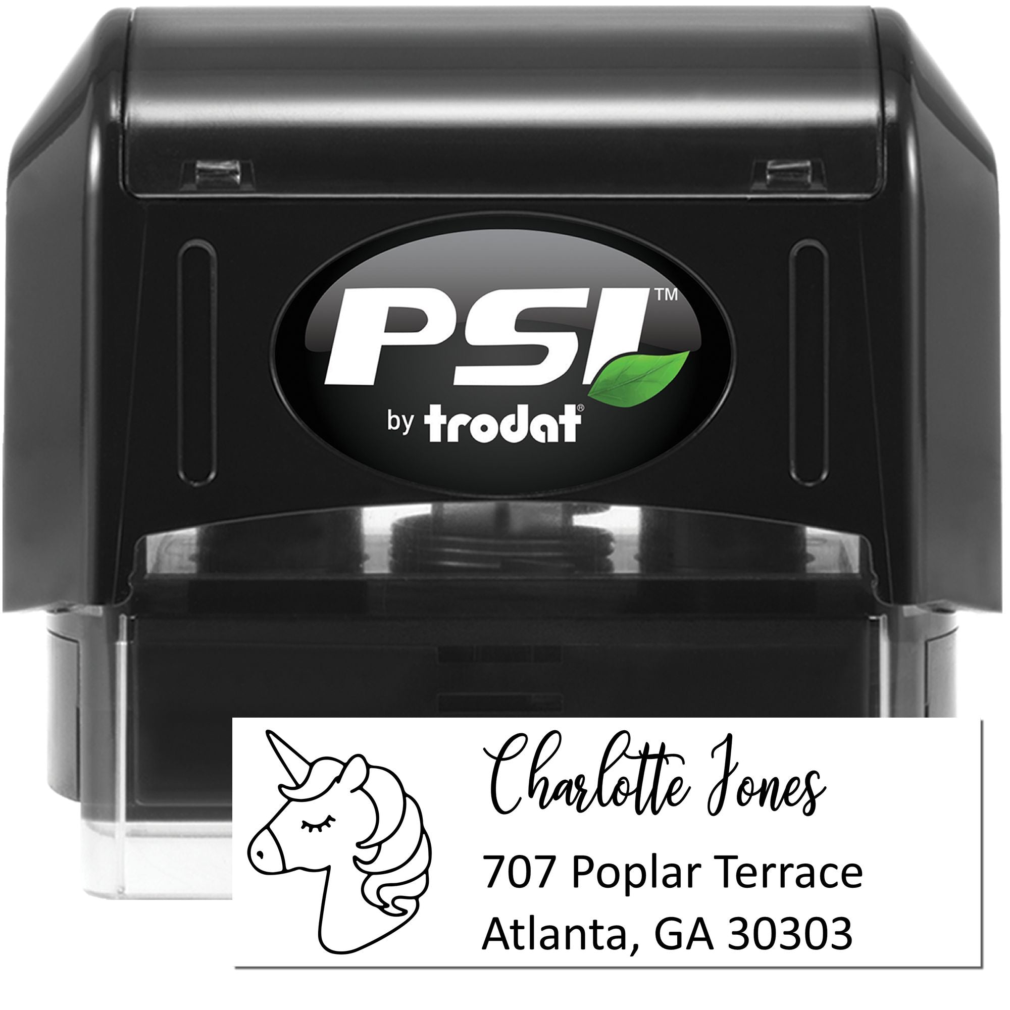 PSI by Trodat self-inking rubber stamp with custom unicorn return address for Charlotte Jones, Atlanta, GA