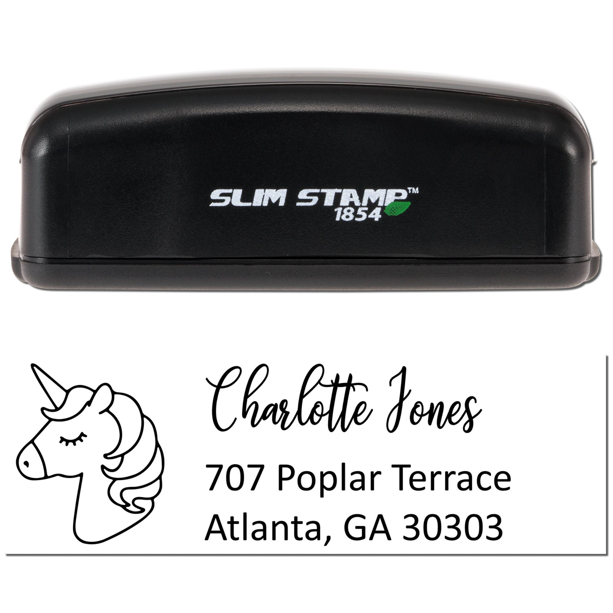 Custom self-inking rubber stamp with unicorn logo and Charlotte Jones return address, Atlanta, GA 30303