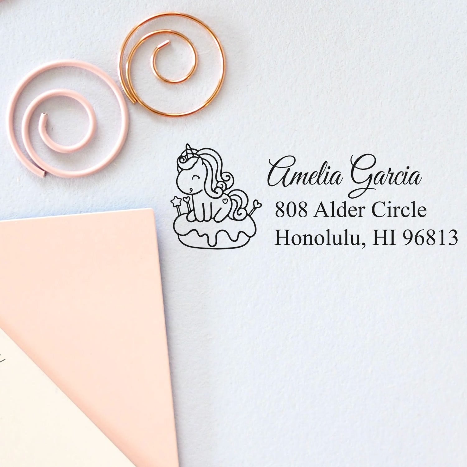 Custom unicorn return address rubber stamp with name and Honolulu, HI address for personalized stationery and envelopes.