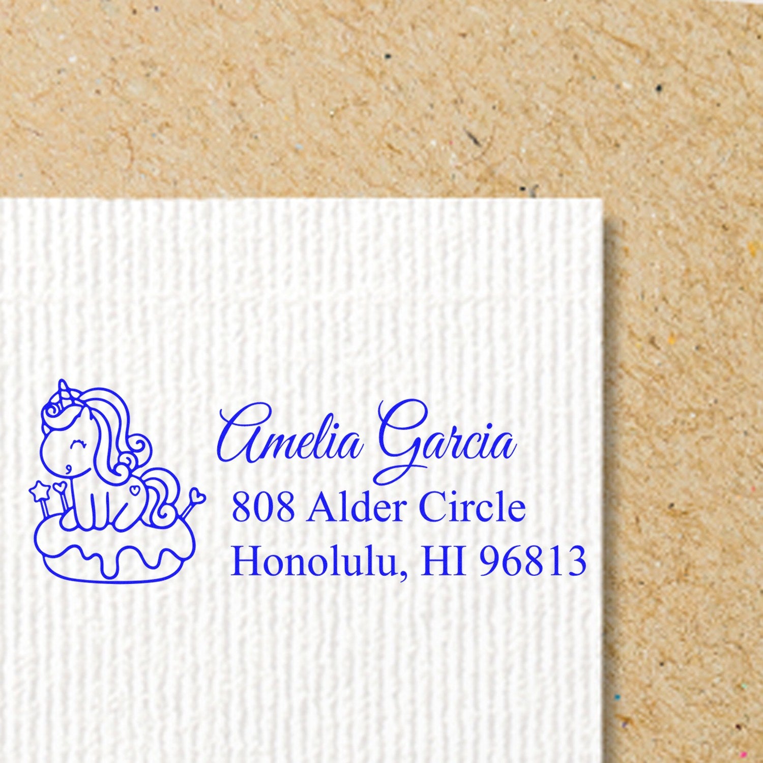 Personalized unicorn address rubber stamp impression with name and Honolulu, HI return address