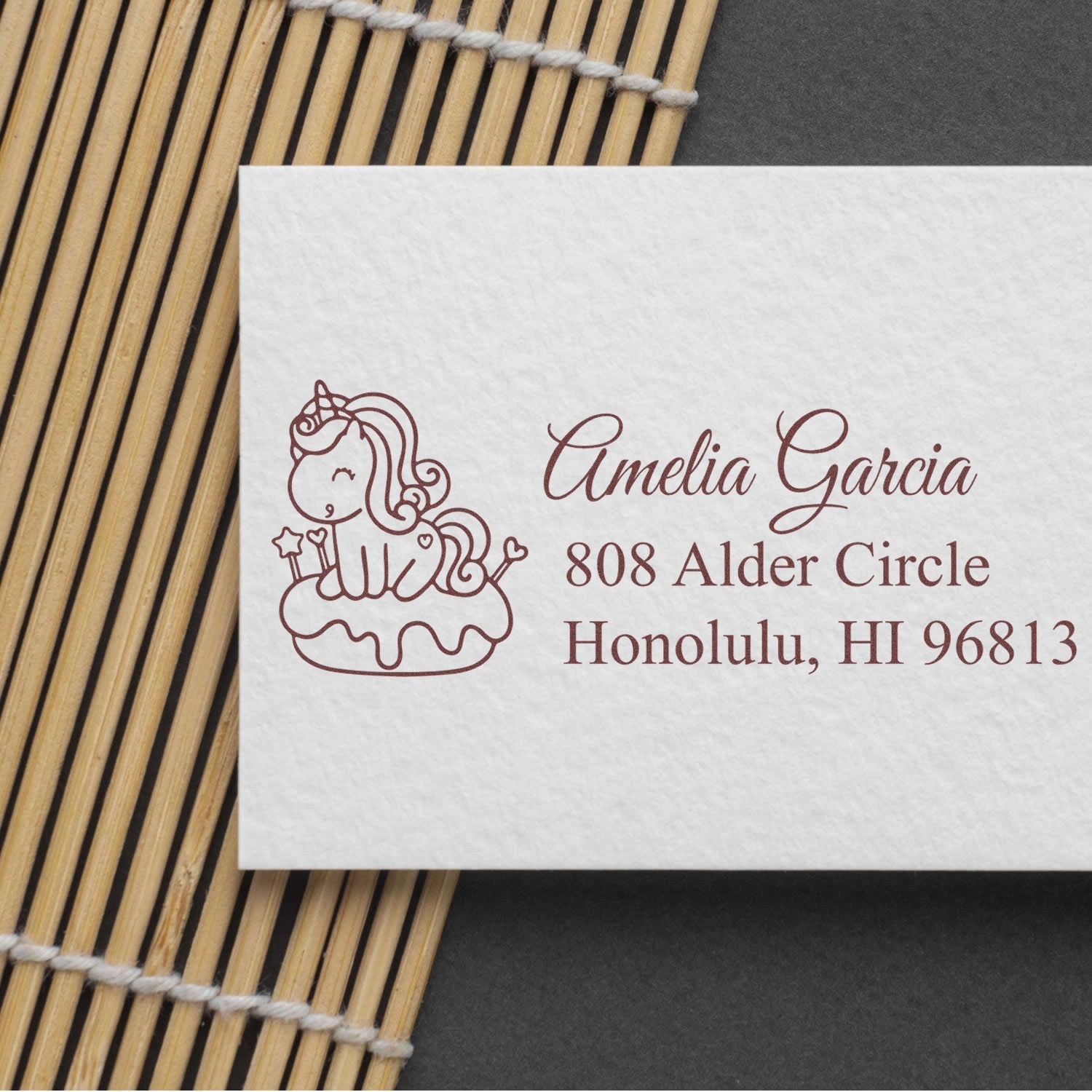 Personalized unicorn return address rubber stamp with name and Honolulu address for envelopes