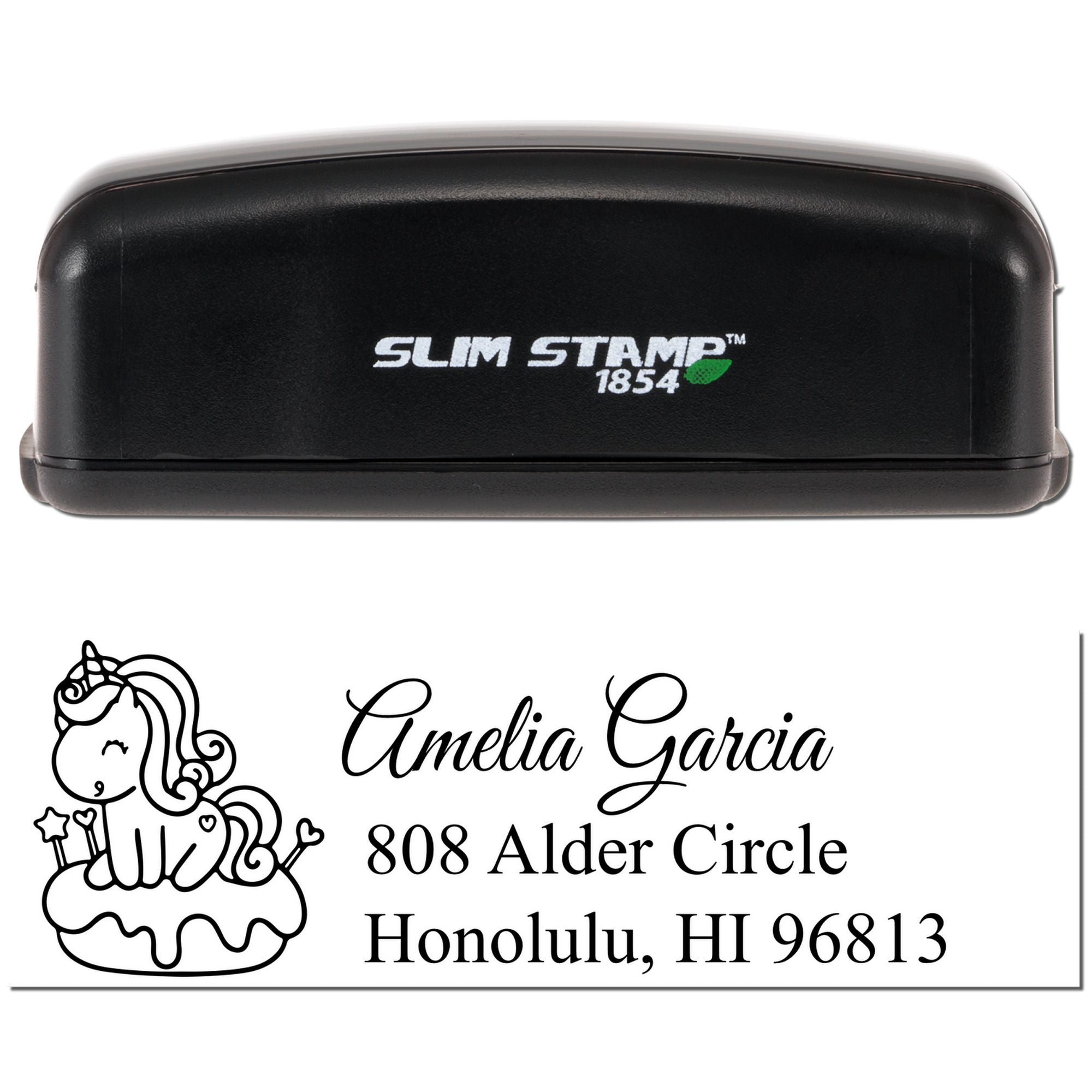Custom unicorn return address rubber stamp with Slim Stamp 1854 self-inking case and Amelia Garcia Honolulu address sample.
