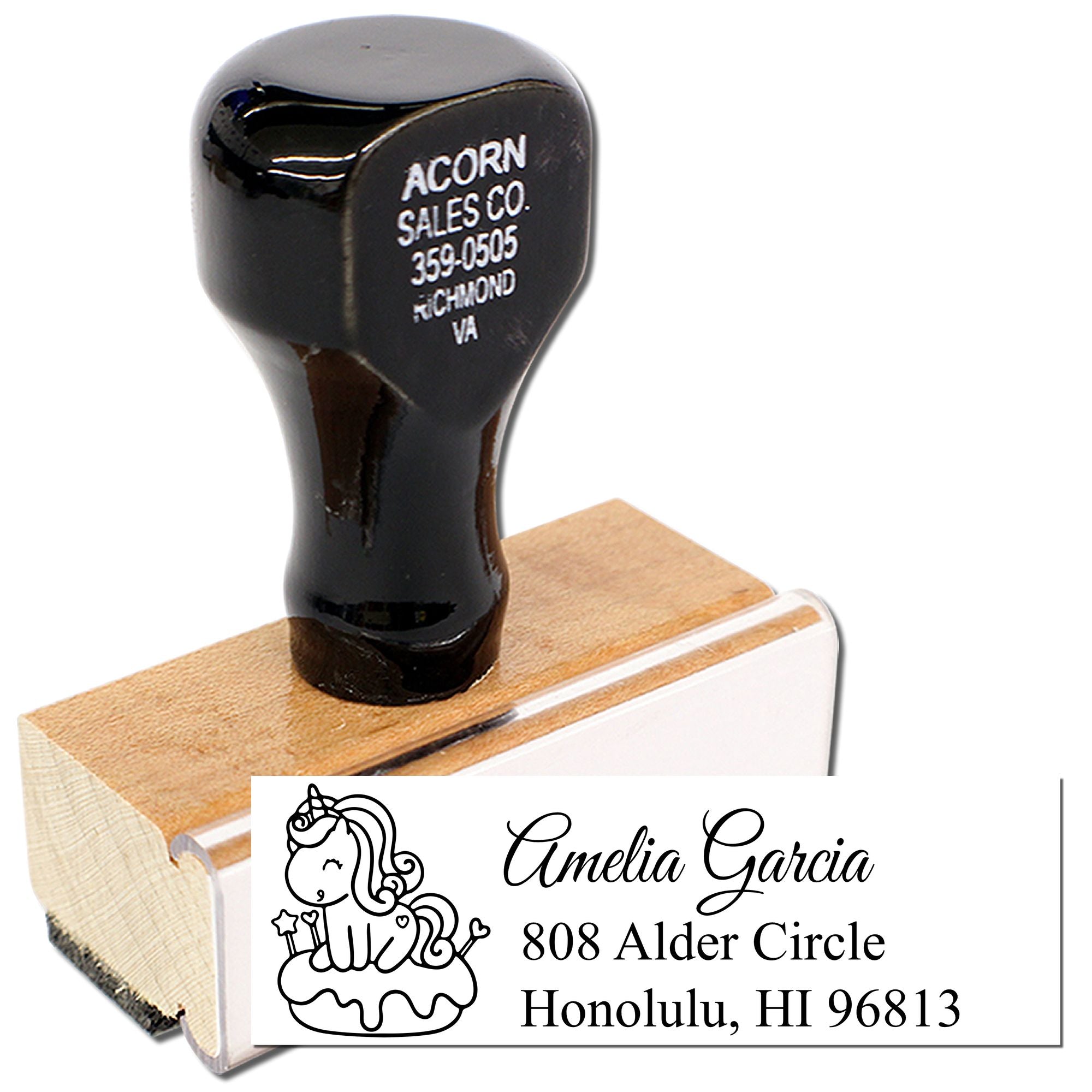 Personalized rubber address stamp with unicorn design for Amelia Garcia, Honolulu, HI 96813