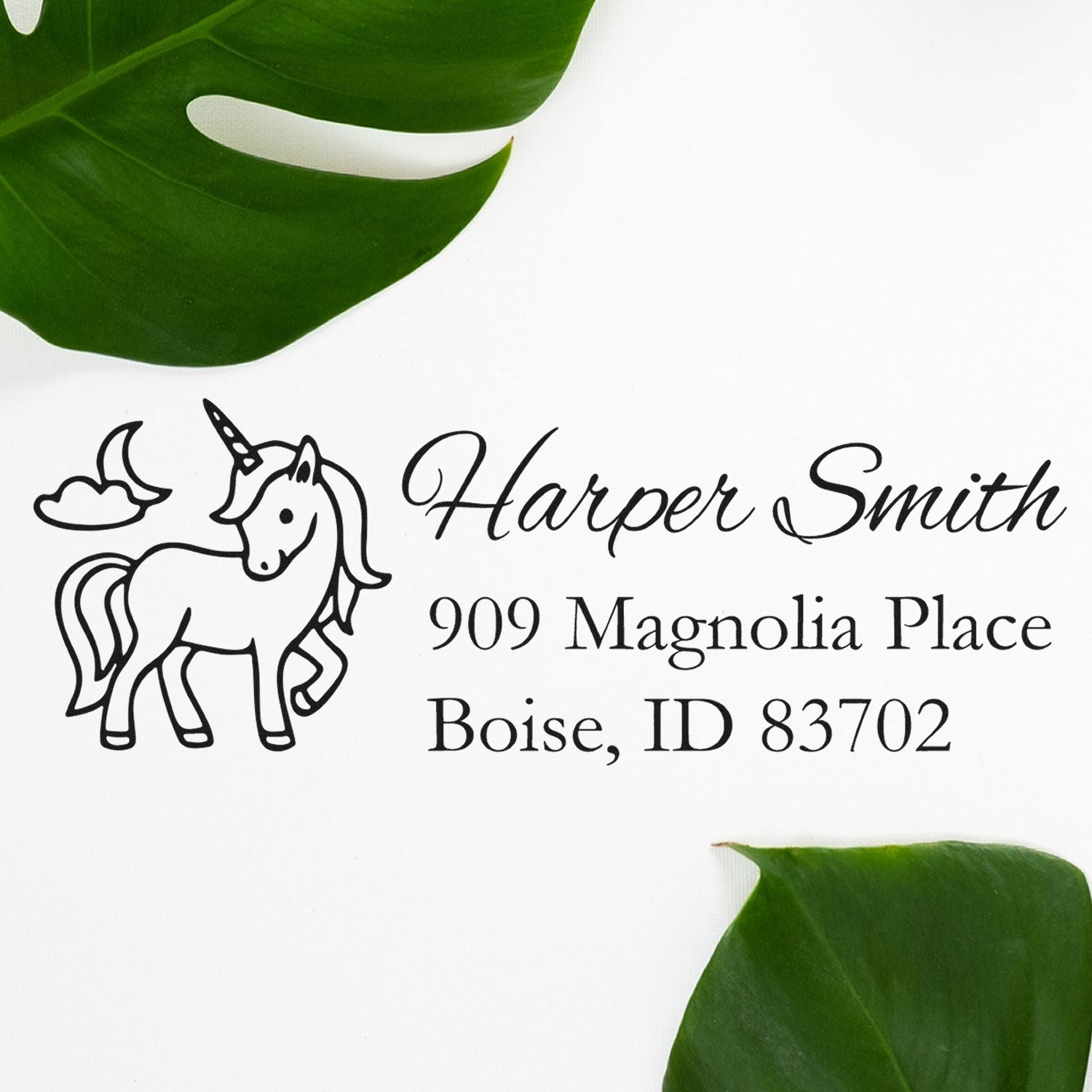 Personalized unicorn return address rubber stamp for Harper Smith, Boise, ID, ideal for stationery, invitations, and mailing.