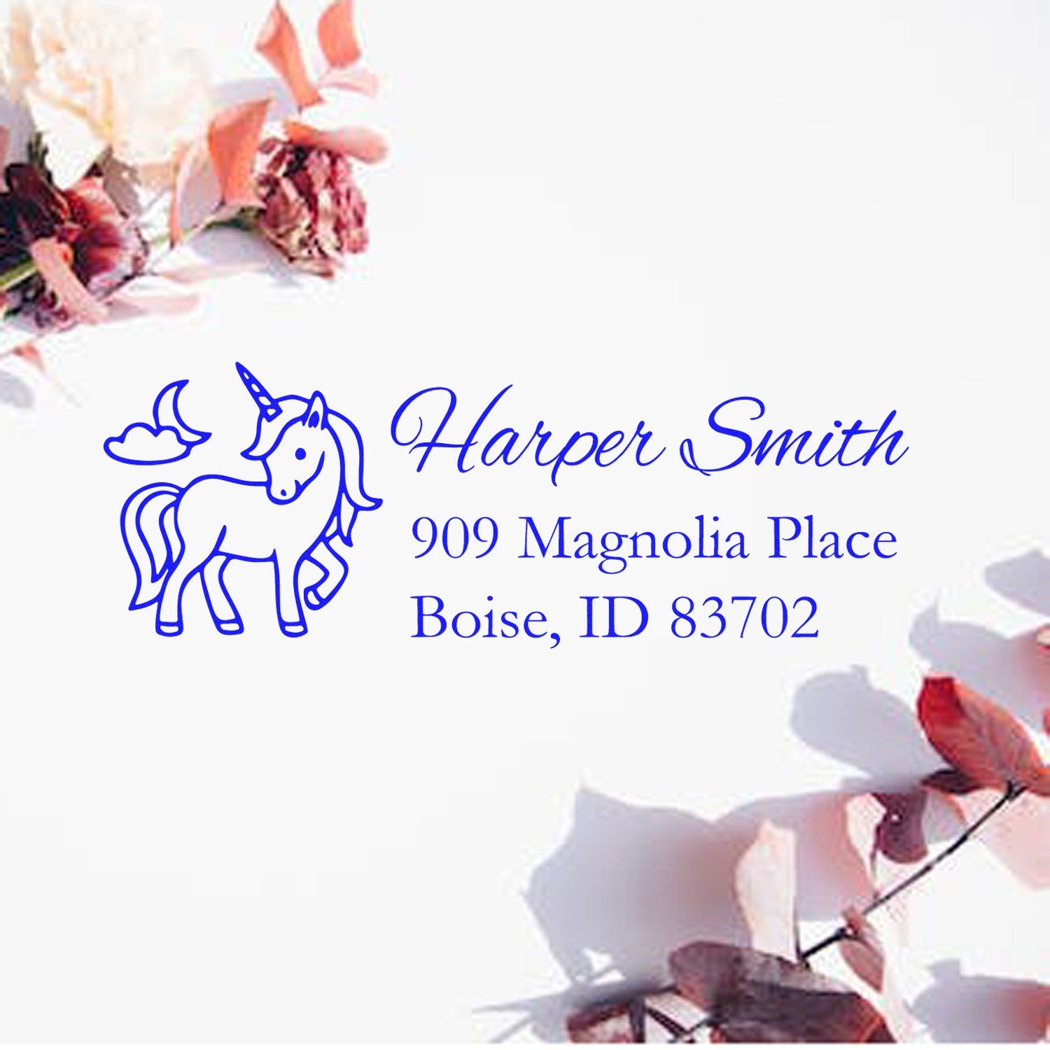 Custom unicorn return address rubber stamp for Harper Smith, 909 Magnolia Place, Boise, ID 83702