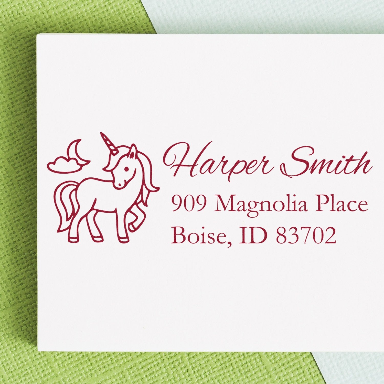 Custom unicorn return address rubber stamp with Harper Smith name and Boise, ID address for personalized stationery.