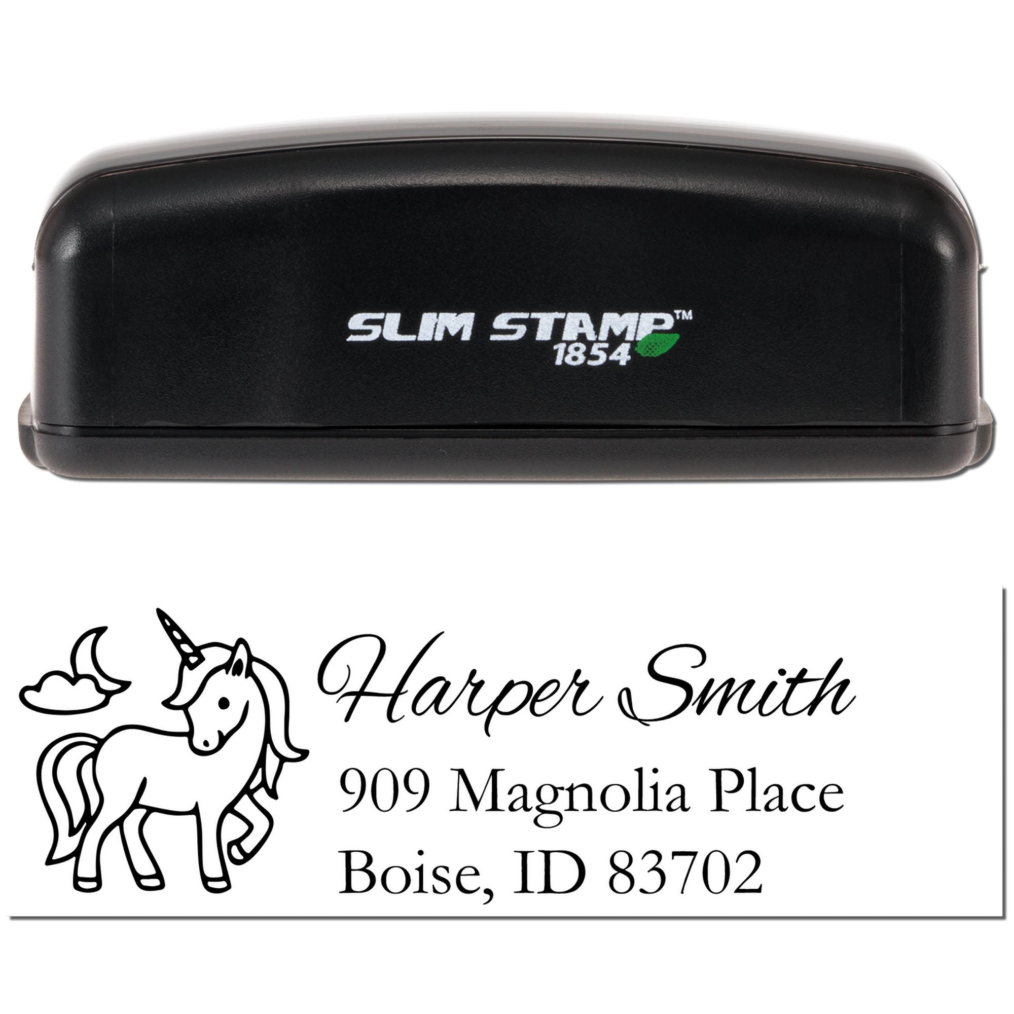 Custom self-inking rubber stamp with unicorn design and return address imprint for Harper Smith, Boise, ID.
