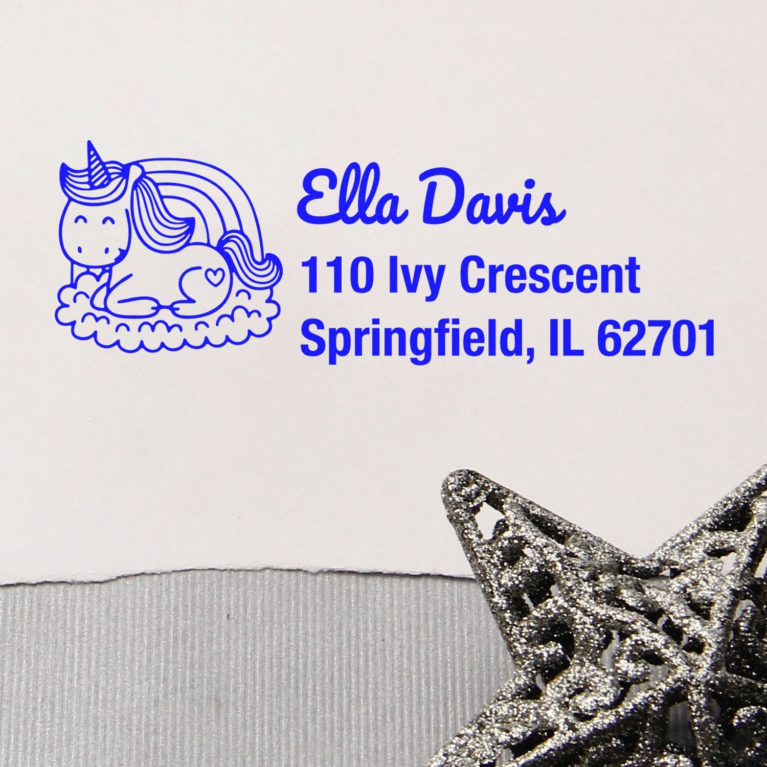Personalized unicorn return address rubber stamp for Ella Davis, 110 Ivy Crescent, Springfield, IL 62701