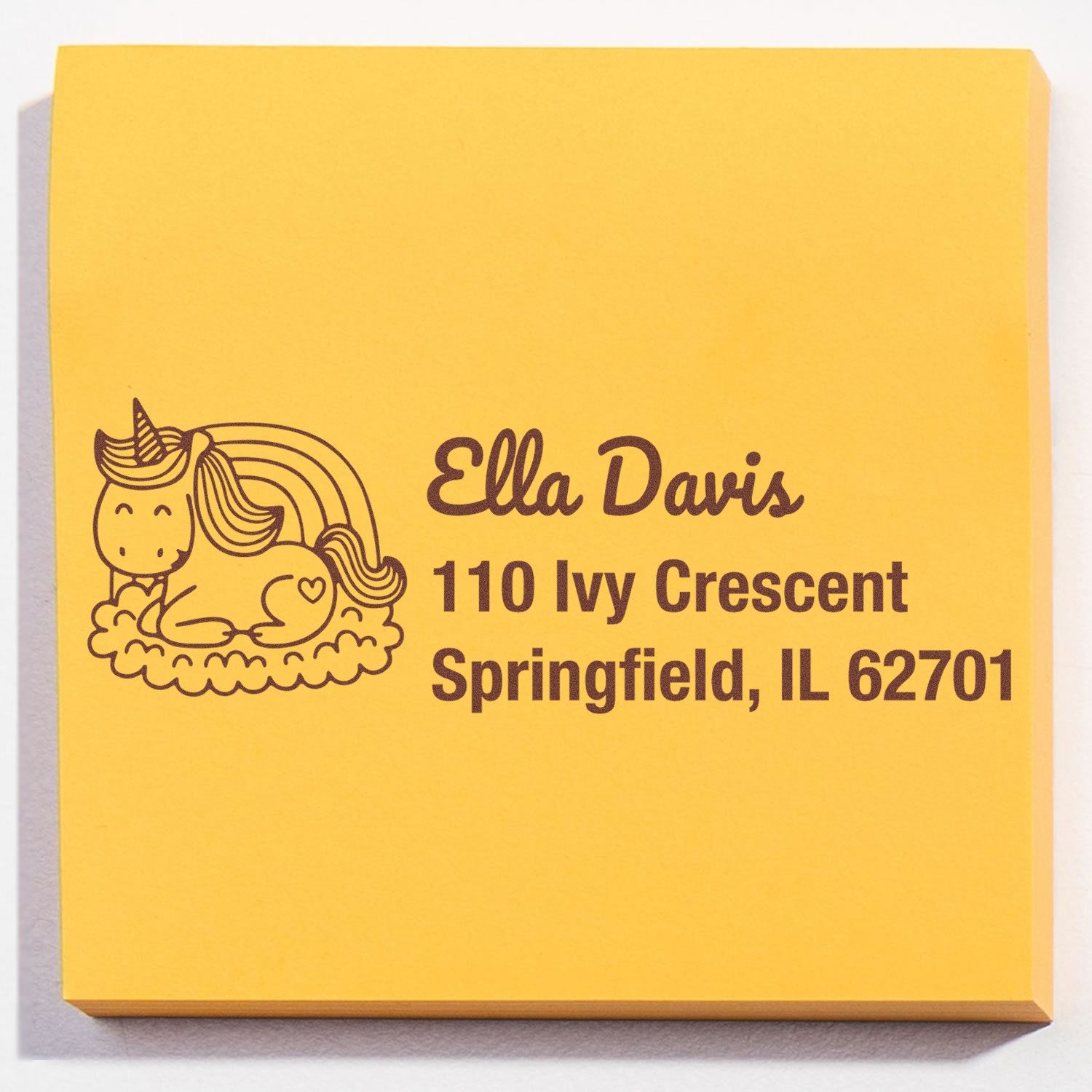Custom unicorn address rubber stamp for Ella Davis, Springfield, IL, for personalized return address and mail labeling.