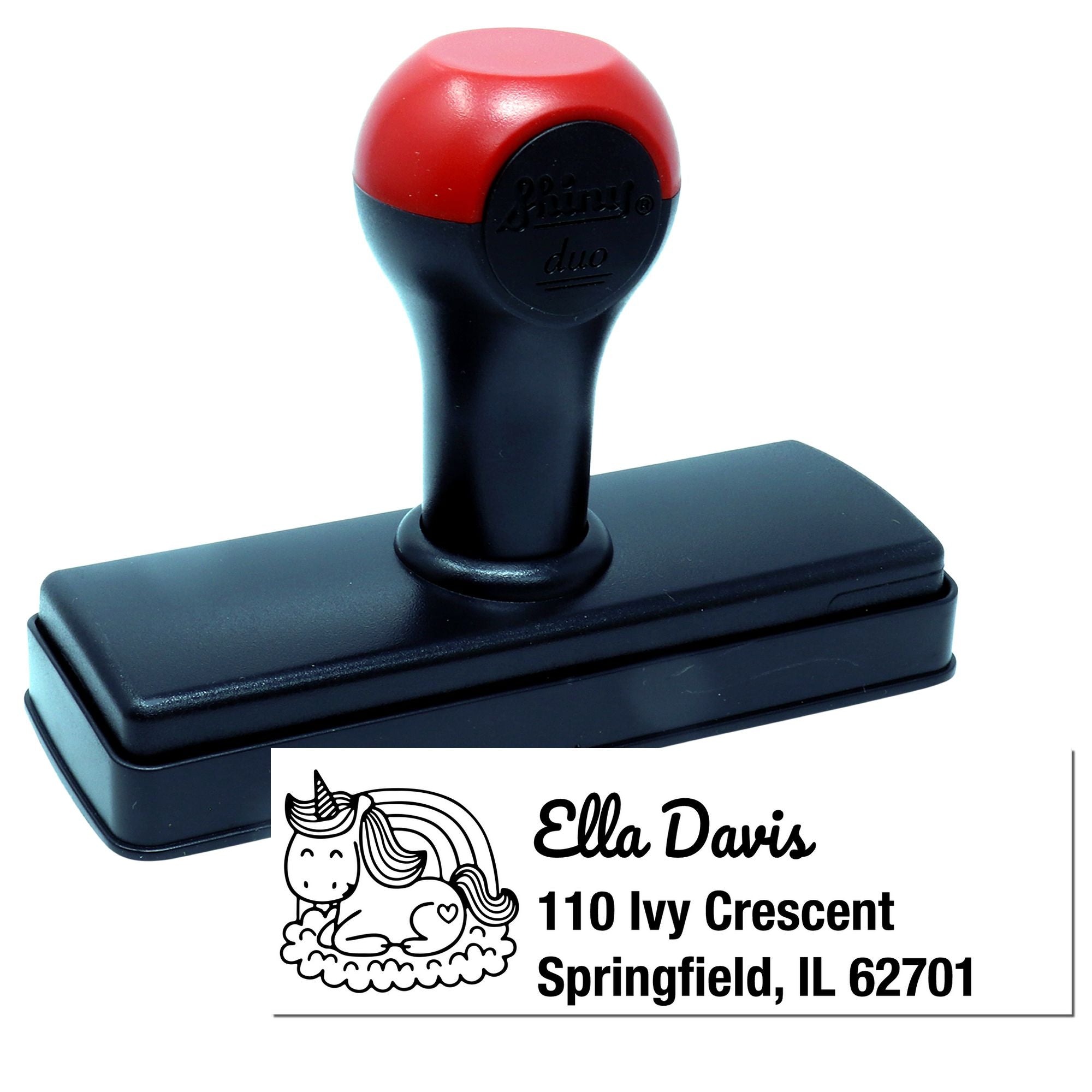Custom self-inking rubber address stamp with unicorn design for personalized mailing and branding