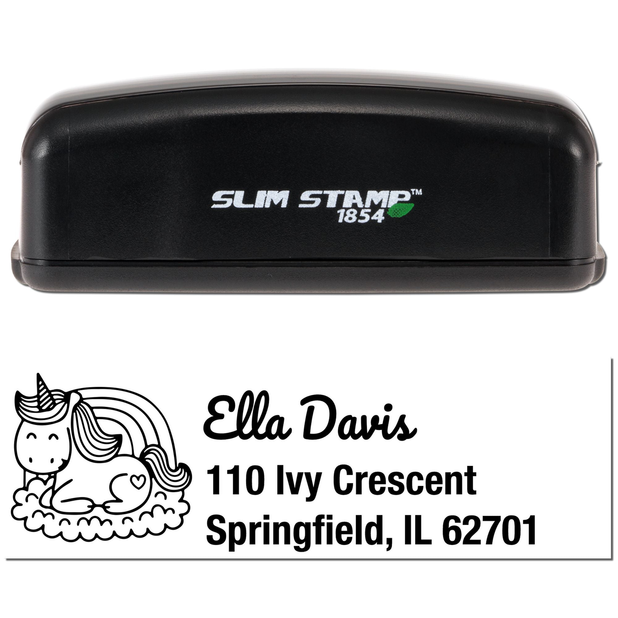 Slim Stamp 1854 personalized unicorn return address rubber stamp for Ella Davis, 110 Ivy Crescent, Springfield, IL 62701