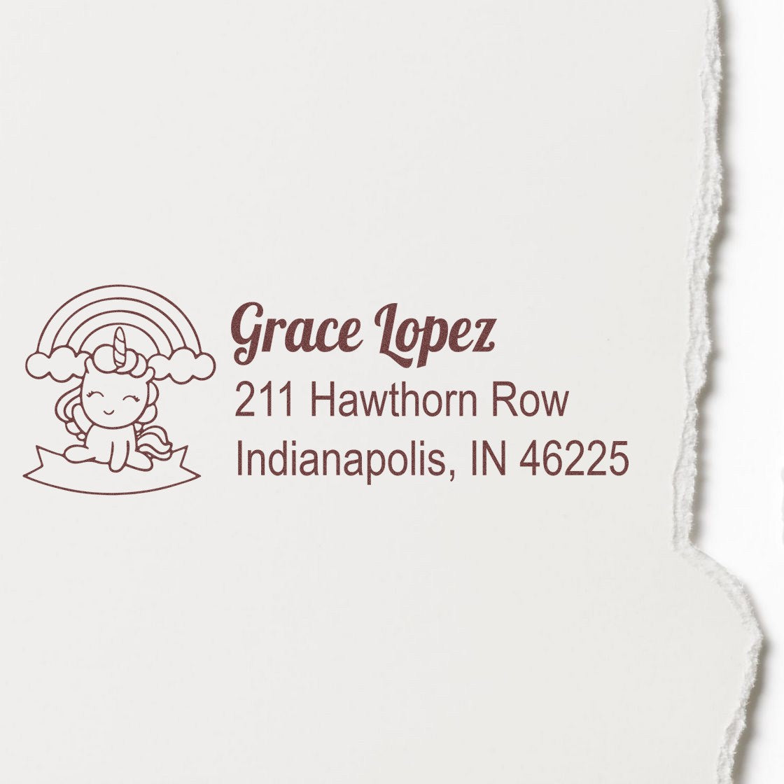 Personalized unicorn return address rubber stamp for Grace Lopez, Indianapolis, IN 46225