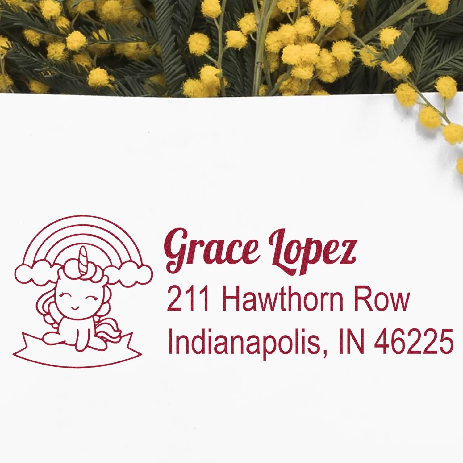 Custom unicorn return address rubber stamp for Grace Lopez with personalized Indianapolis, IN mailing address.
