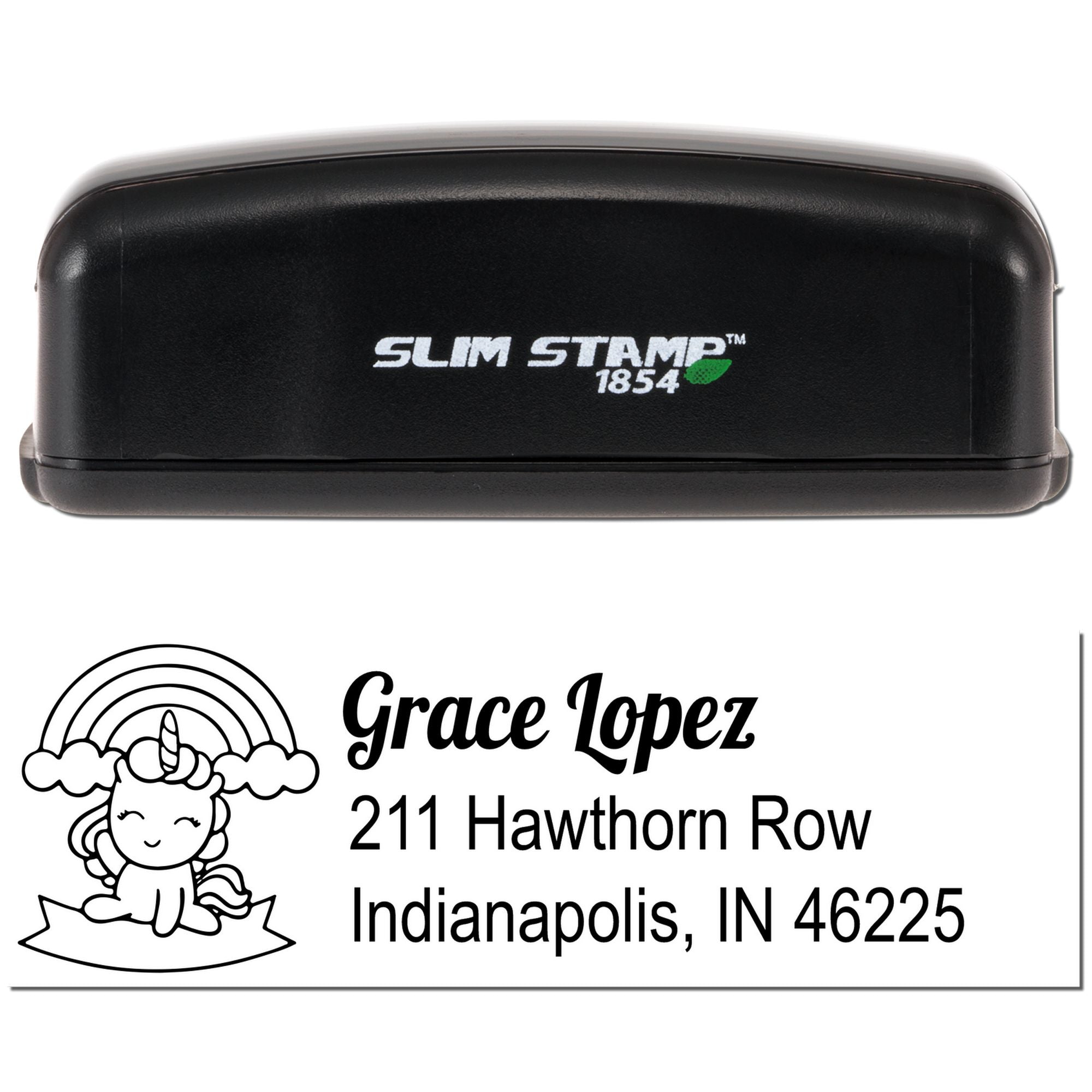 Self-inking Slim Stamp custom return address stamp with unicorn design for Grace Lopez, Indianapolis, IN 46225.