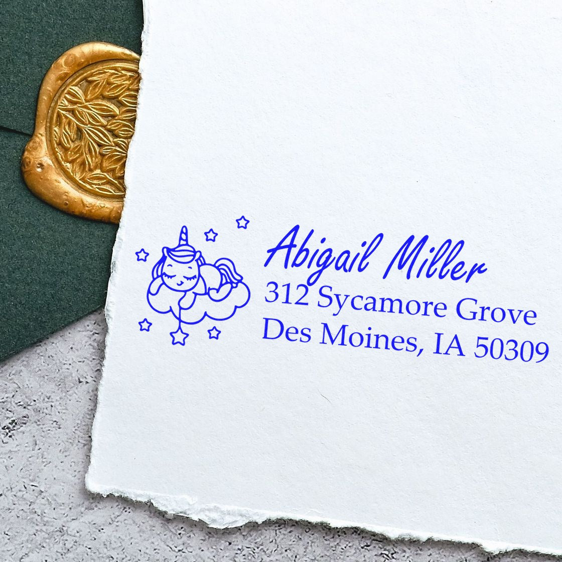Custom unicorn return address rubber stamp for Abigail Miller, Des Moines, IA 50309