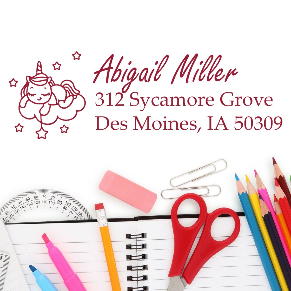Custom unicorn address rubber stamp for Abigail Miller, 312 Sycamore Grove, Des Moines, IA 50309