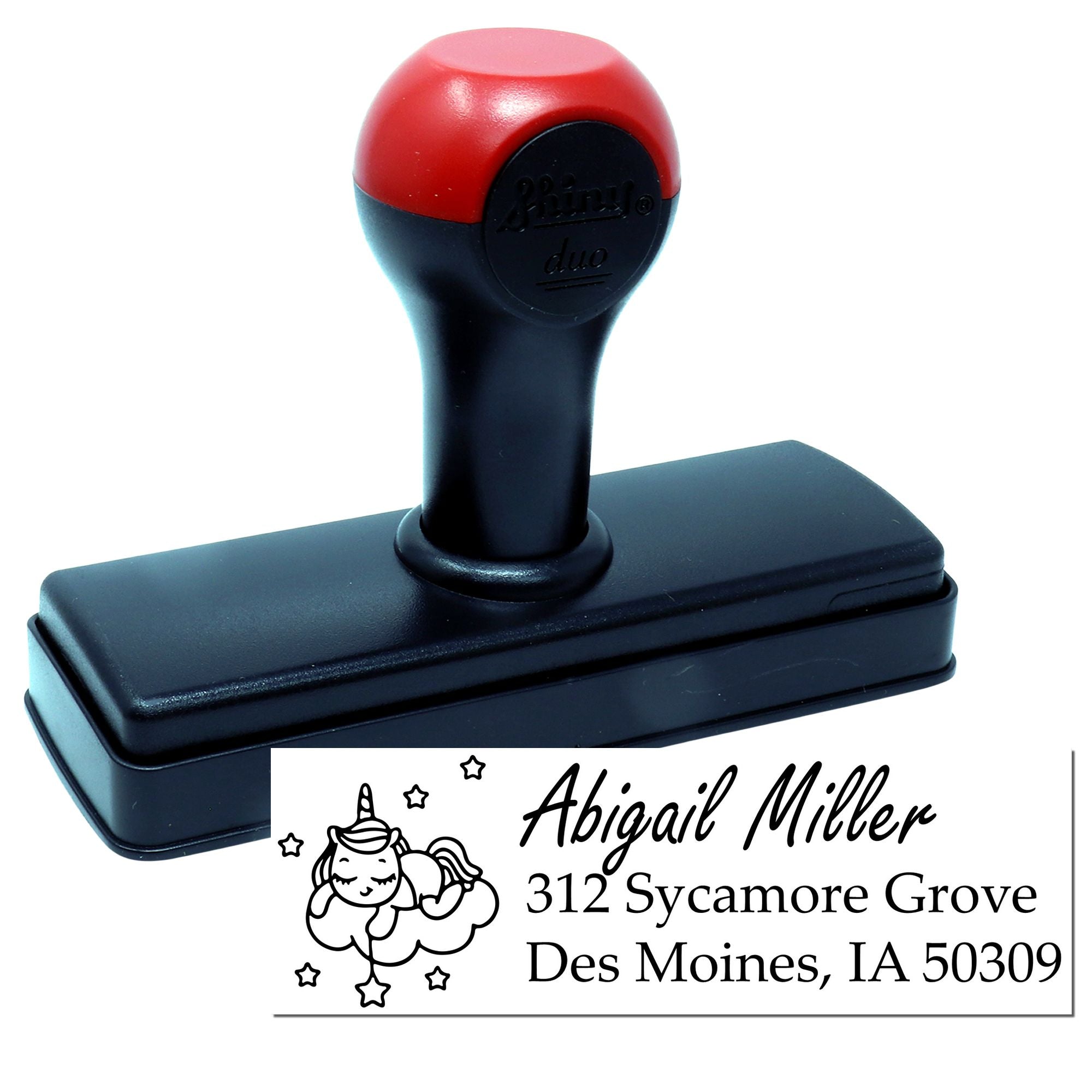 Custom self-inking address rubber stamp with unicorn design for personalized mailing, envelopes, and stationery.