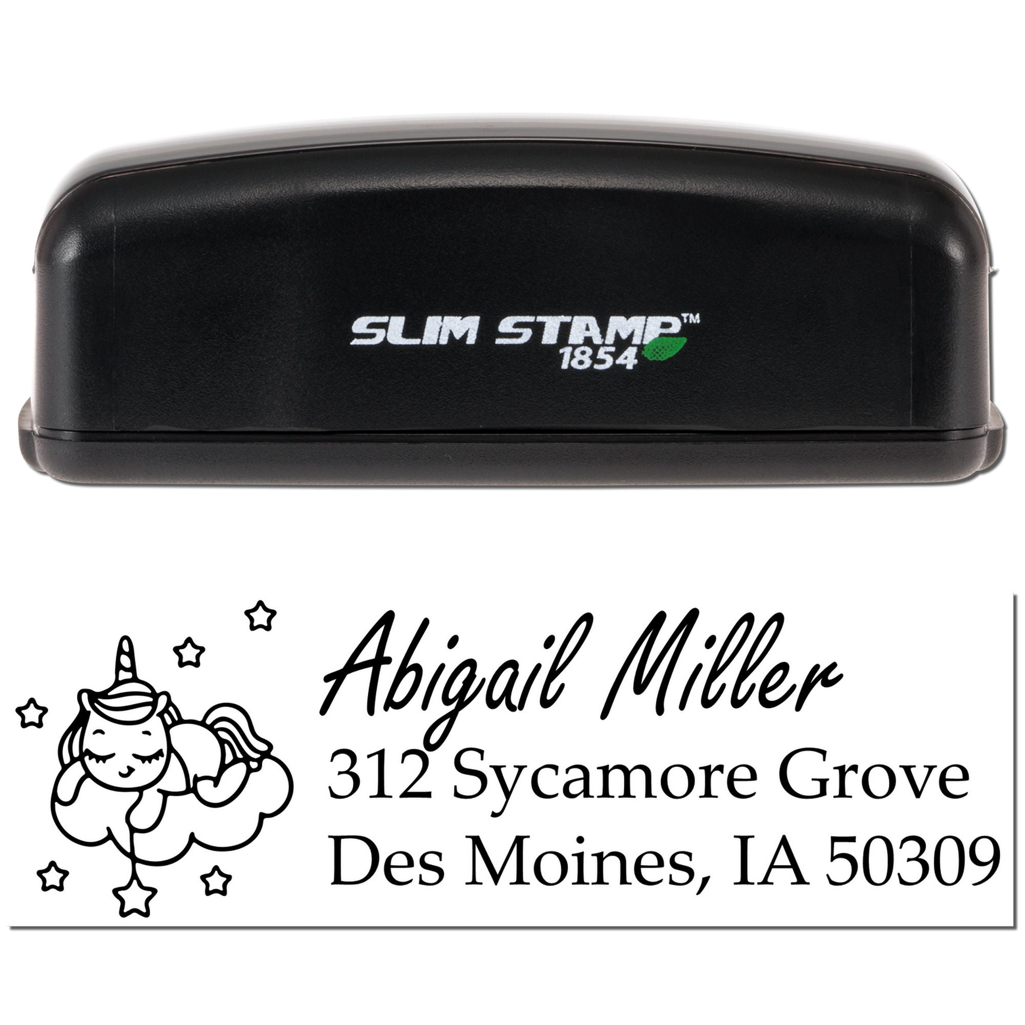 Slim Stamp custom self-inking rubber stamp with unicorn return address for Abigail Miller, Des Moines, IA 50309