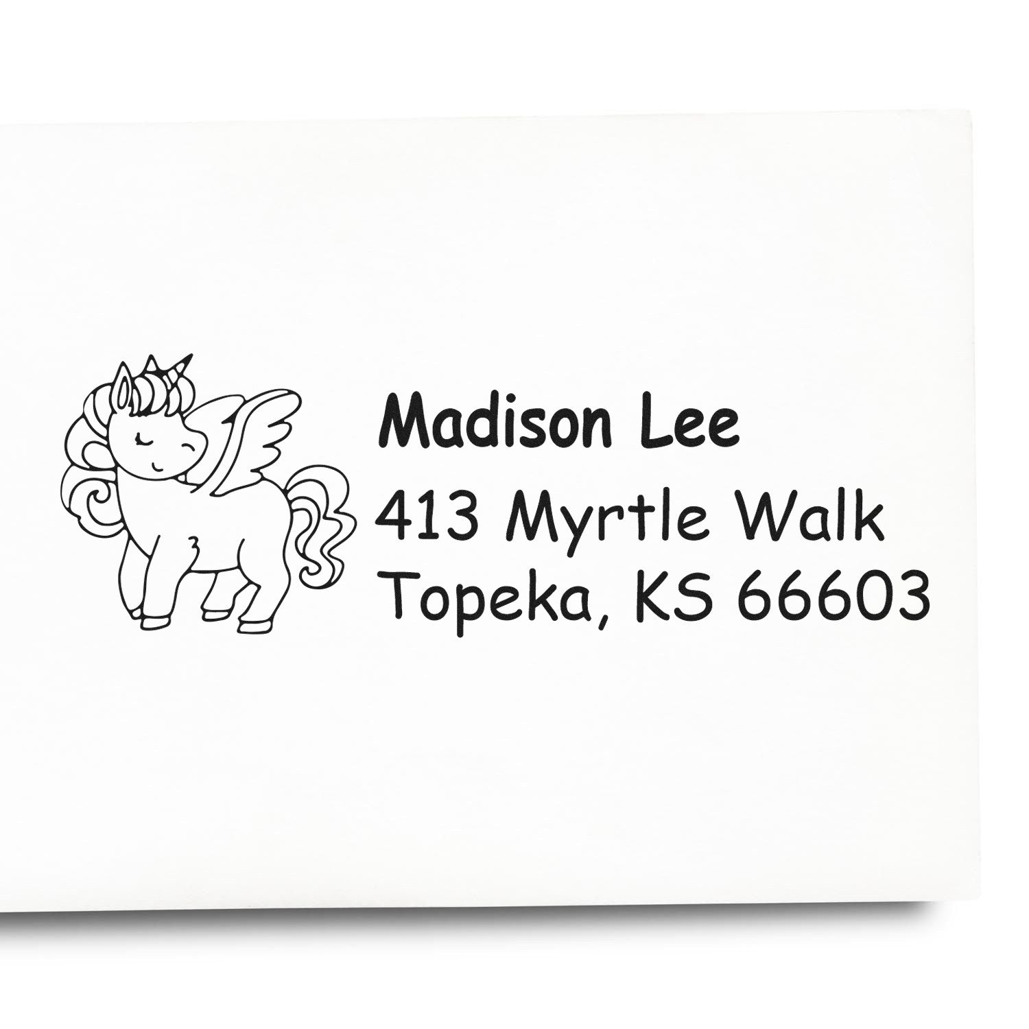 Custom unicorn return address rubber stamp for Madison Lee, Topeka KS 66603, ideal for mailing envelopes and packages.