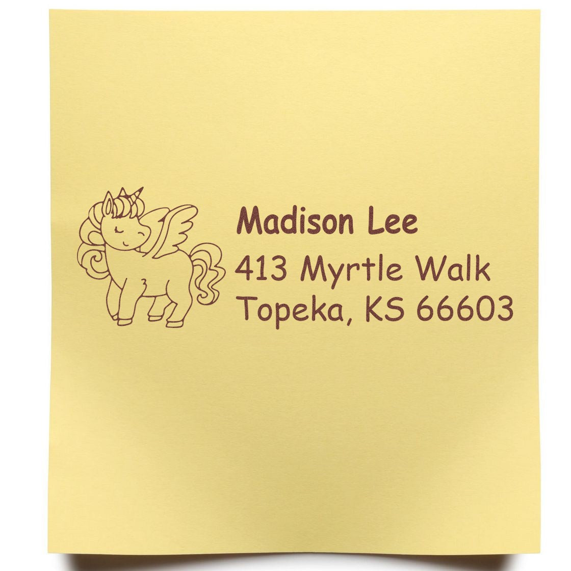 Custom unicorn return address rubber stamp for Madison Lee, 413 Myrtle Walk, Topeka, KS 66603.