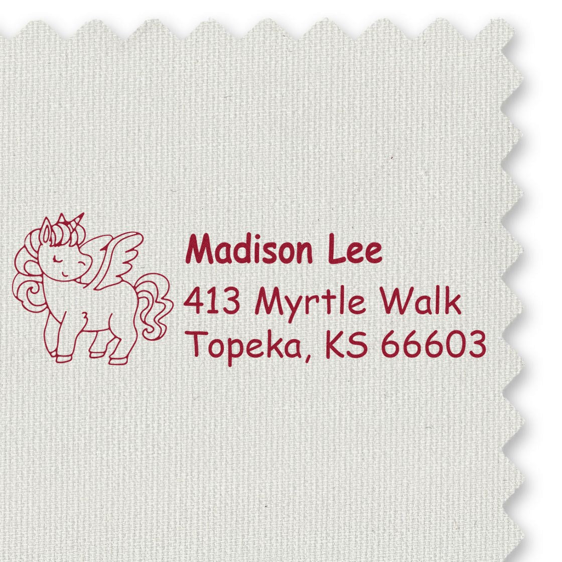 Custom unicorn return address rubber stamp for Madison Lee, 413 Myrtle Walk, Topeka, KS 66603