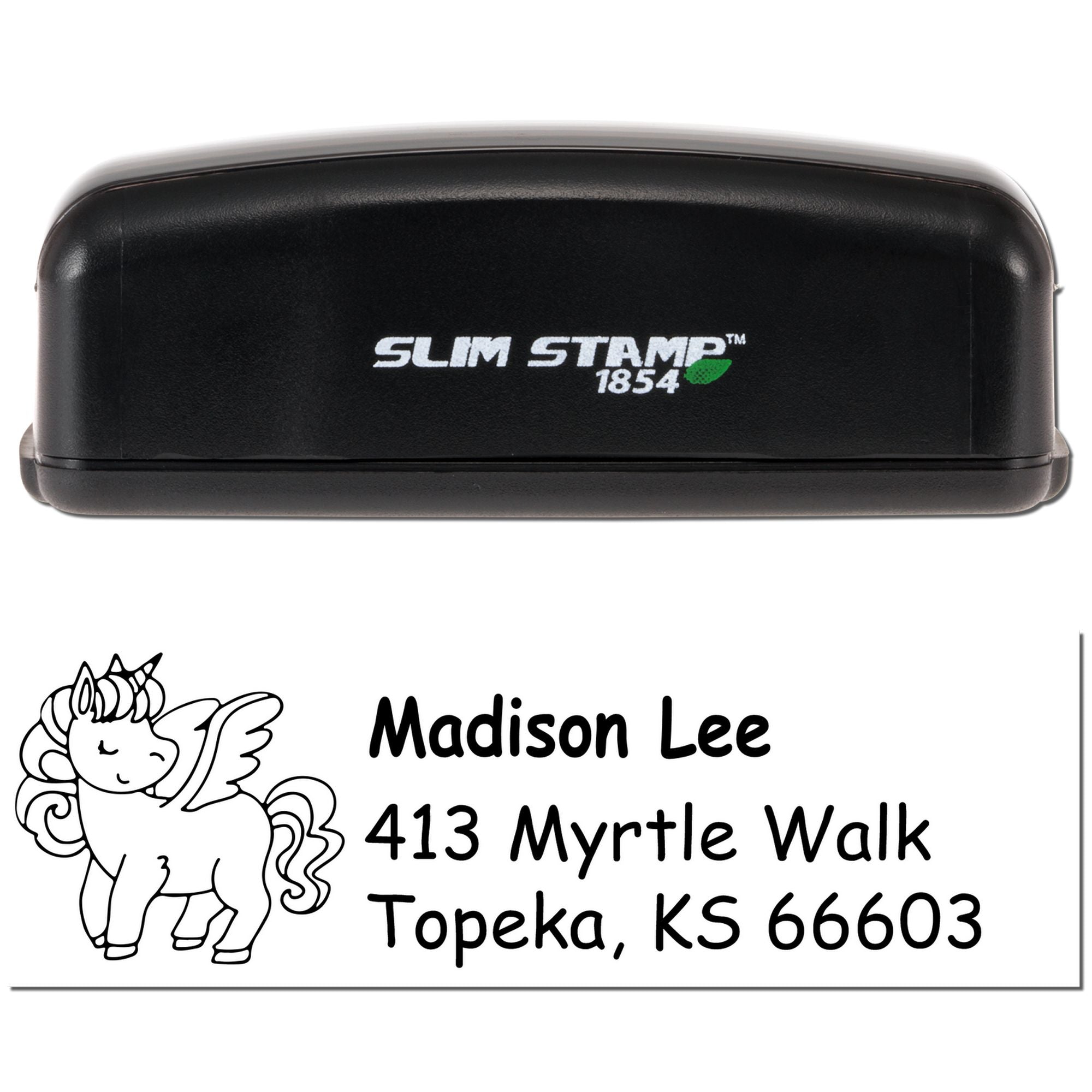 Custom self-inking Slim Stamp 1854 address rubber stamp with unicorn design and Madison Lee mailing address.