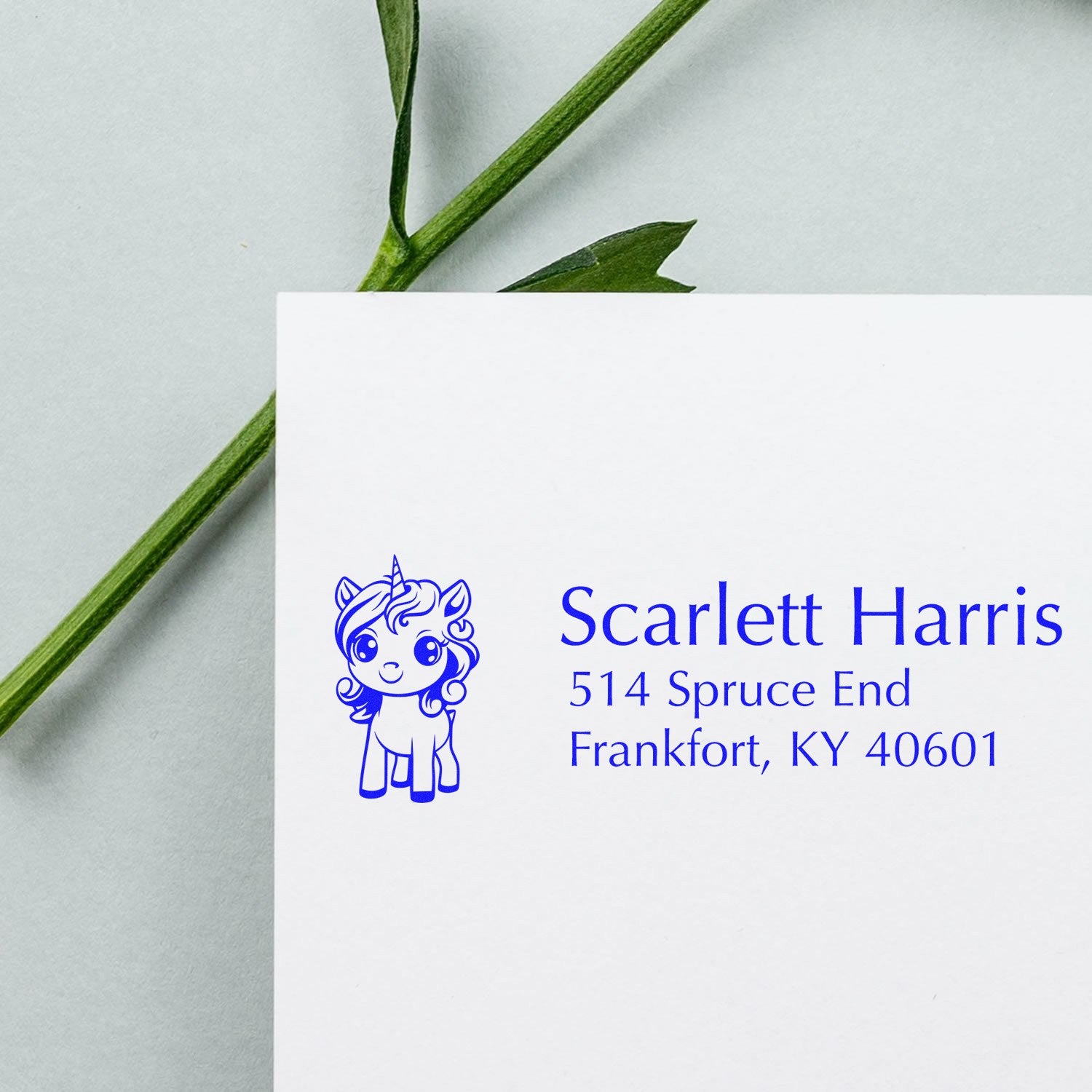 Custom unicorn return address rubber stamp for Scarlett Harris, personalized blue address imprint for envelopes.