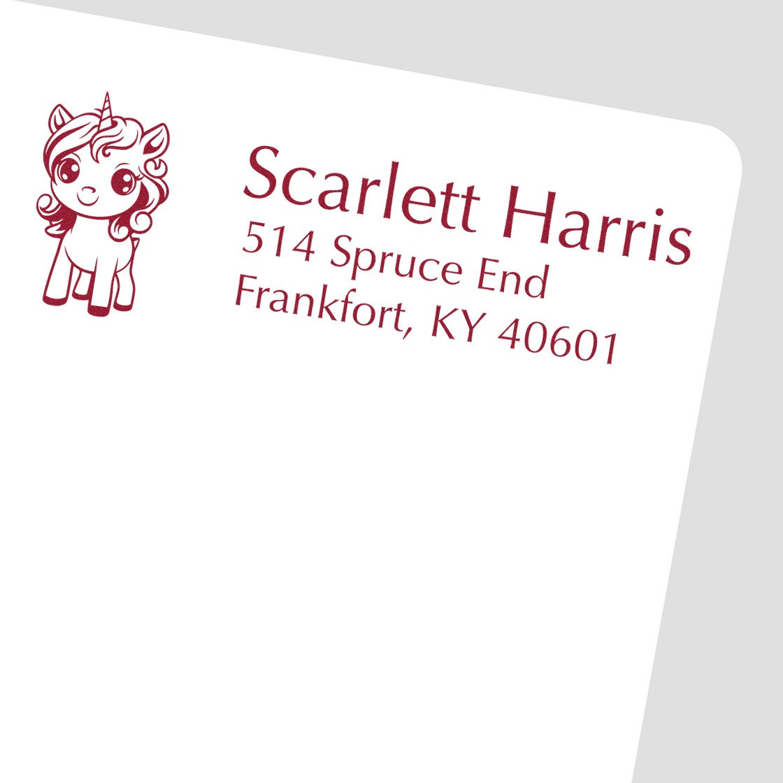 Custom unicorn address rubber stamp for Scarlett Harris, featuring name and Frankfort, KY mailing address.