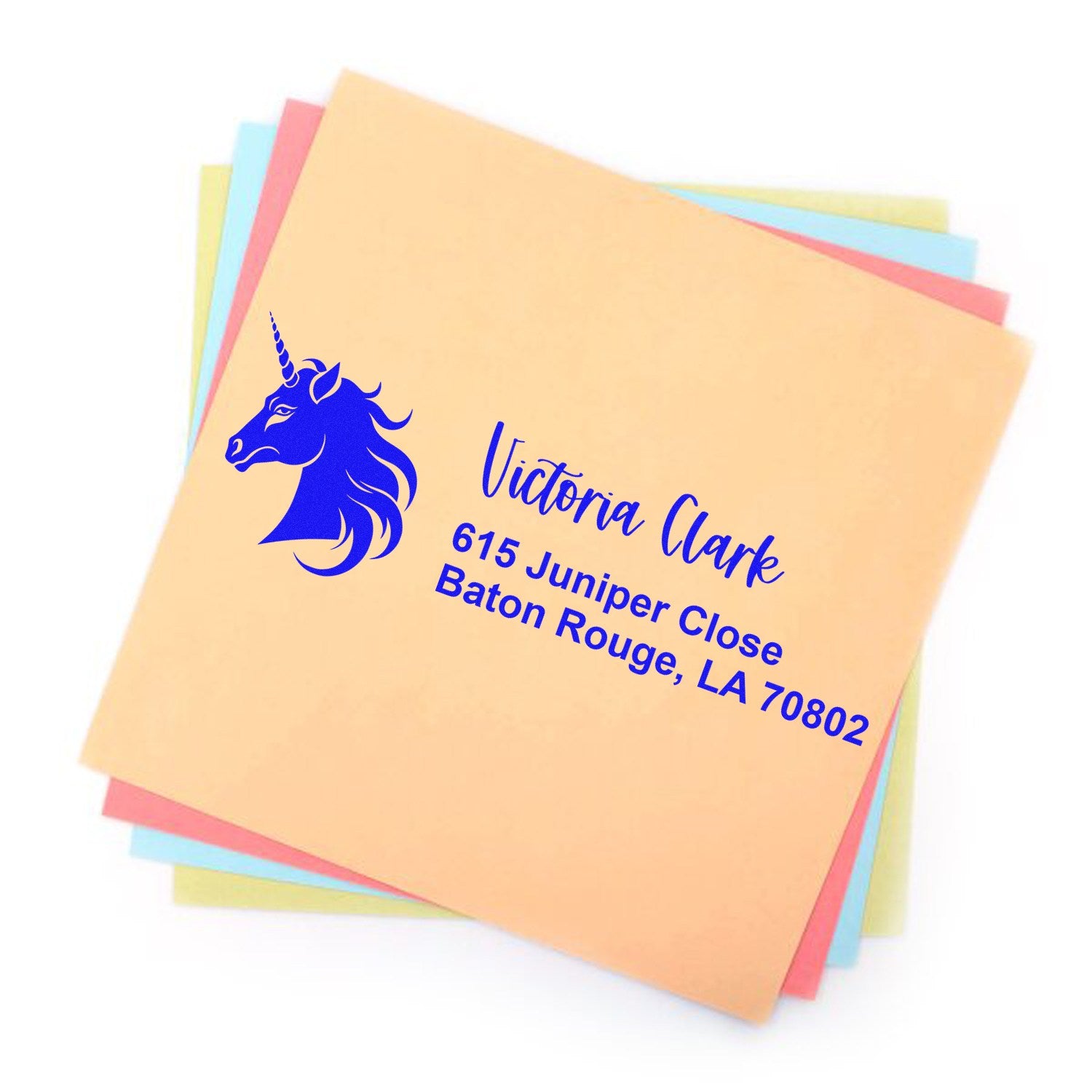 Custom unicorn address rubber stamp for Victoria Clark, Baton Rouge, LA, with name and mailing address.