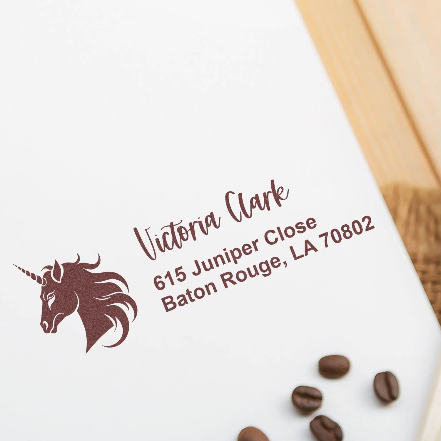 Custom unicorn address rubber stamp for Victoria Clark, 615 Juniper Close, Baton Rouge, LA 70802