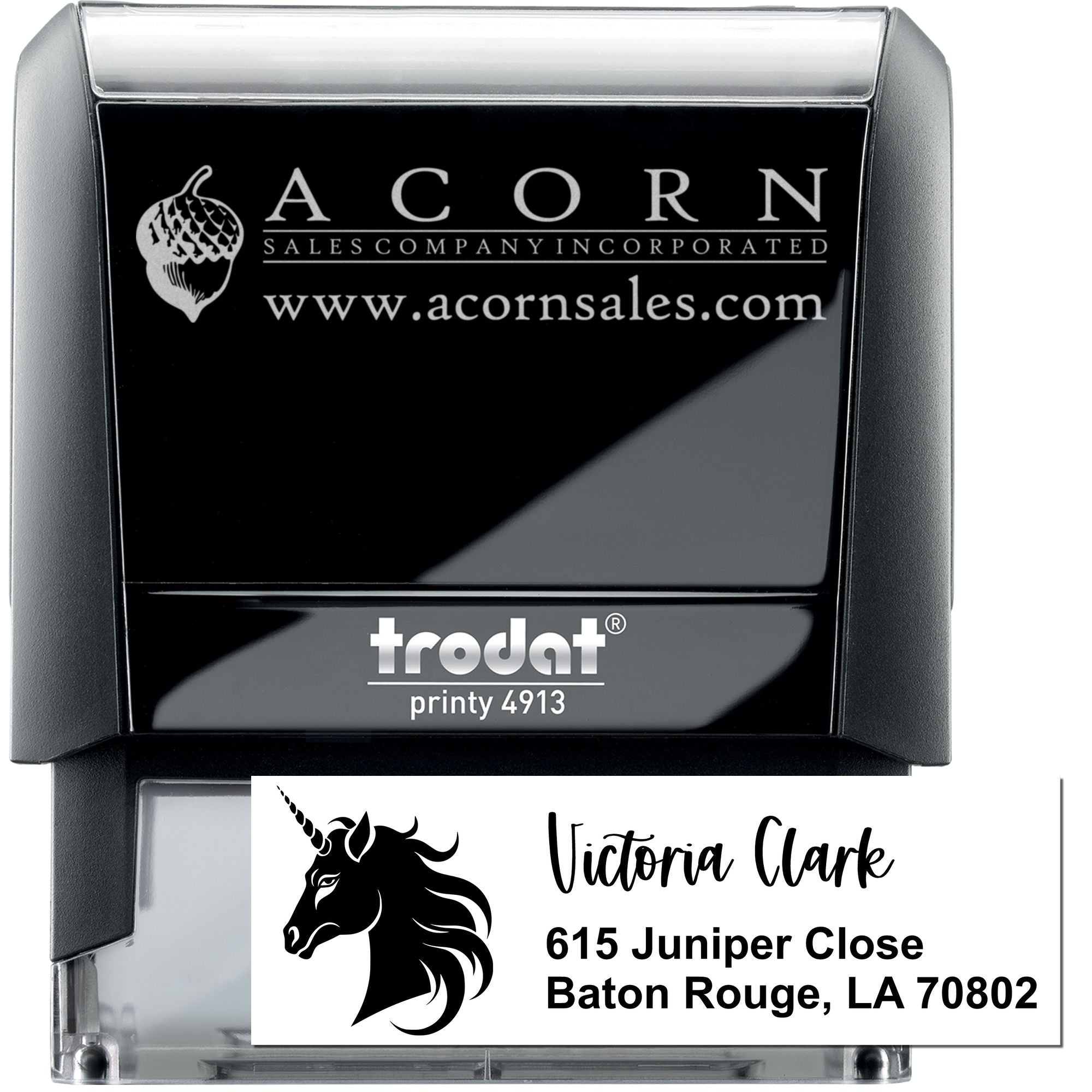 Custom Trodat Printy 4913 self-inking rubber stamp with business logo and personalized address imprint.