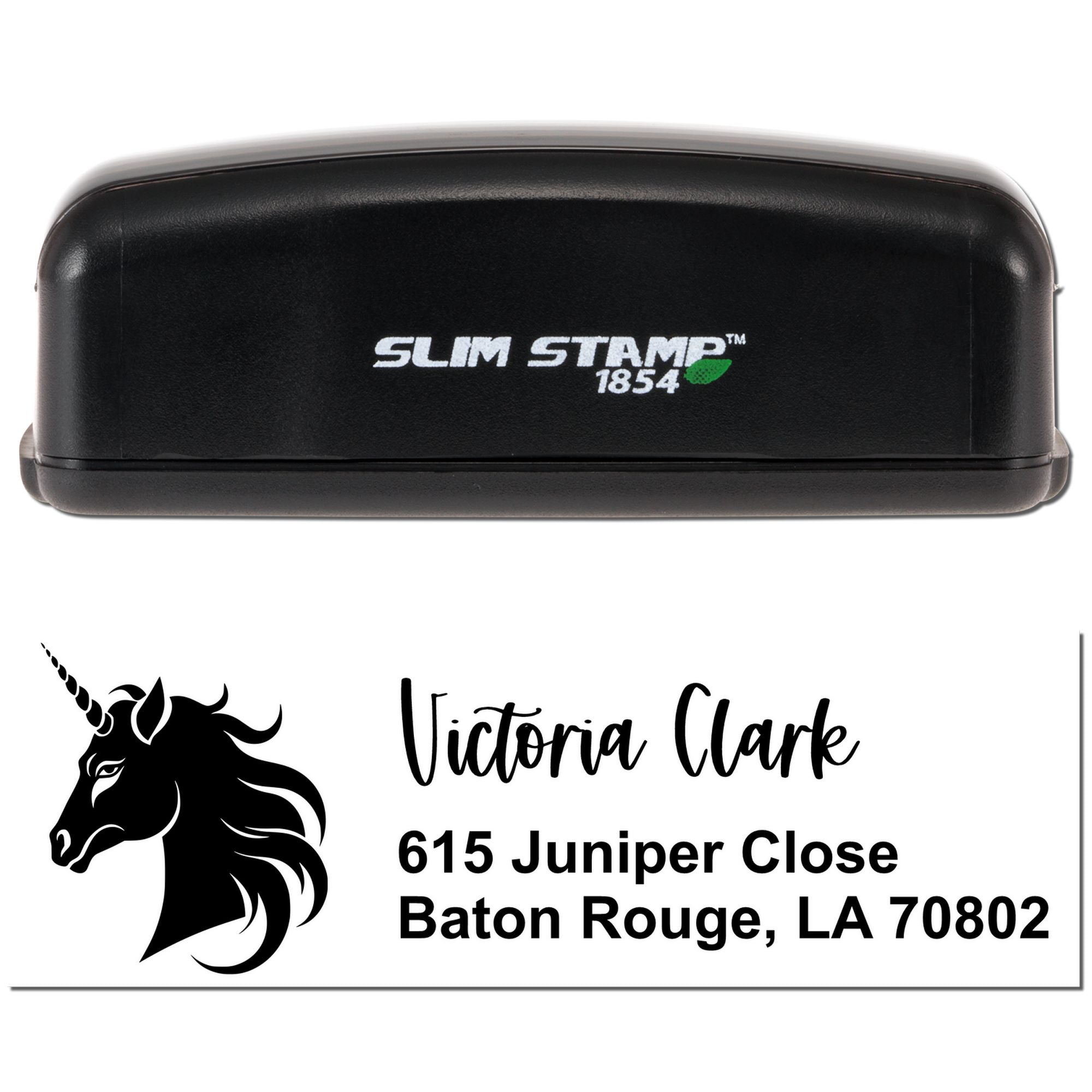 Custom address rubber stamp with unicorn logo, Victoria Clark name, and Baton Rouge, LA return address for Slim Stamp 1854.
