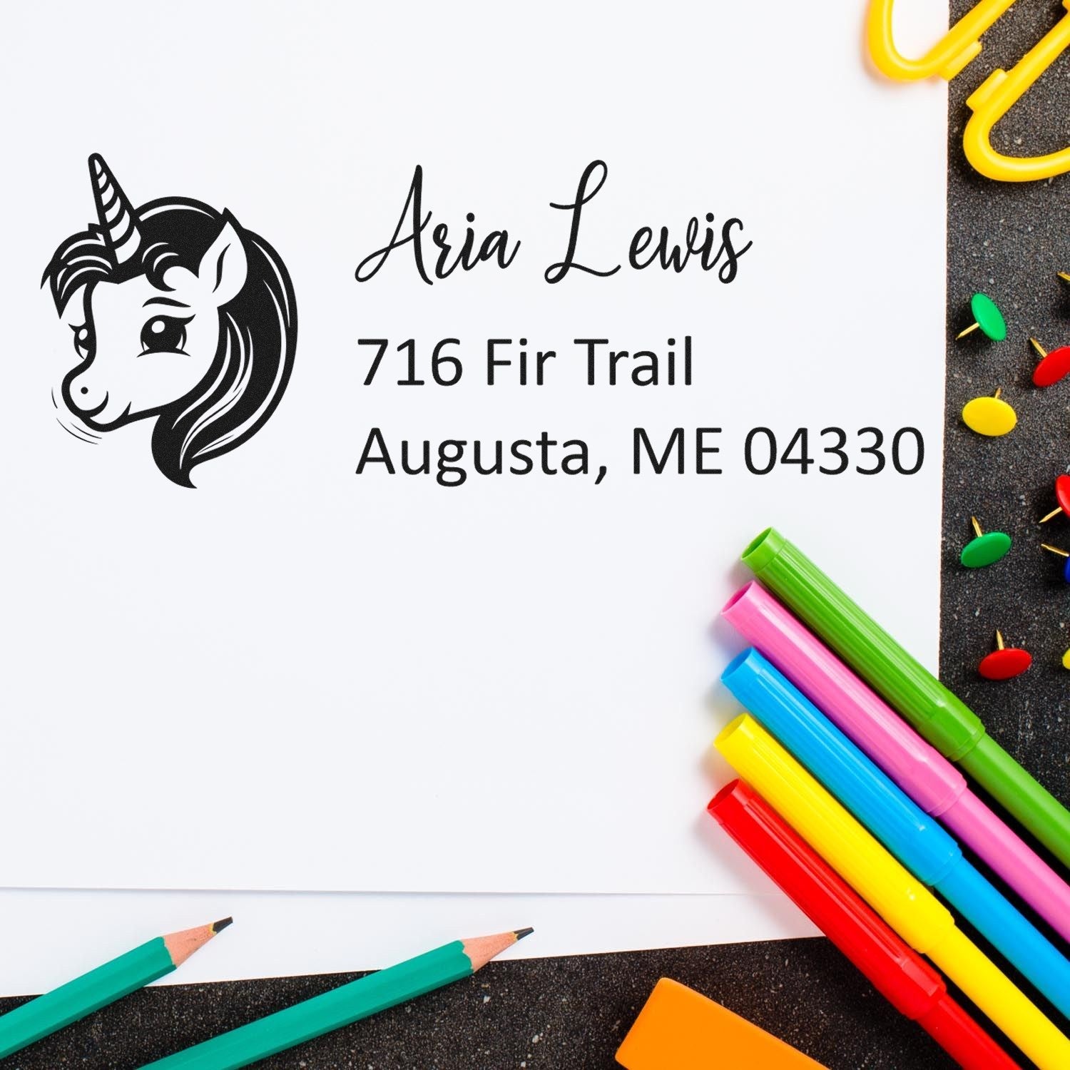 Personalized unicorn address rubber stamp with name and Augusta, ME return address for kids mail and stationery.