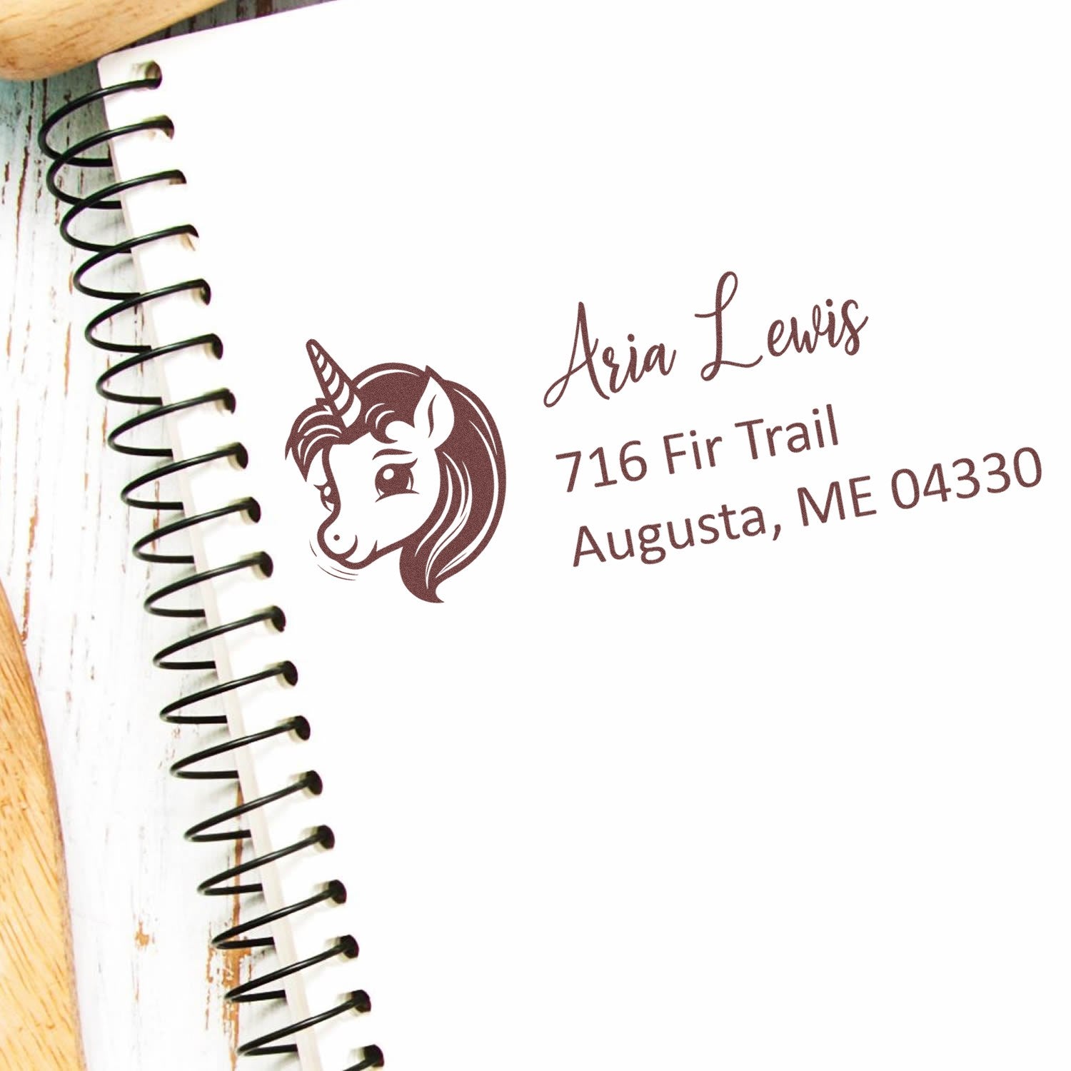 Custom unicorn return address rubber stamp with name Aria Lewis and Augusta, ME address for personalized stationery.