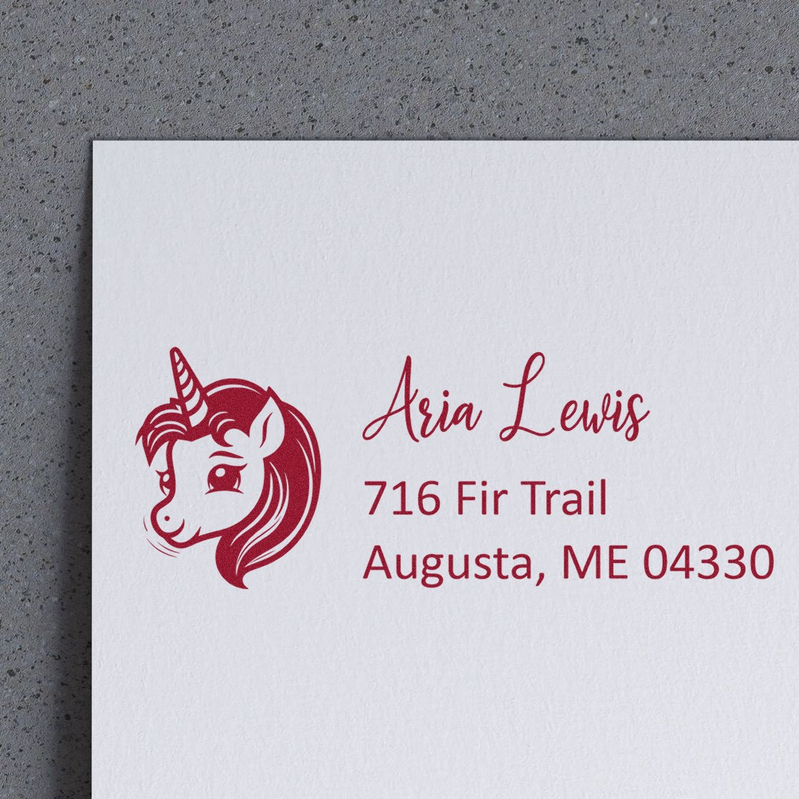 Custom unicorn return address rubber stamp with name and address for personalized mailing, weddings, and stationery.