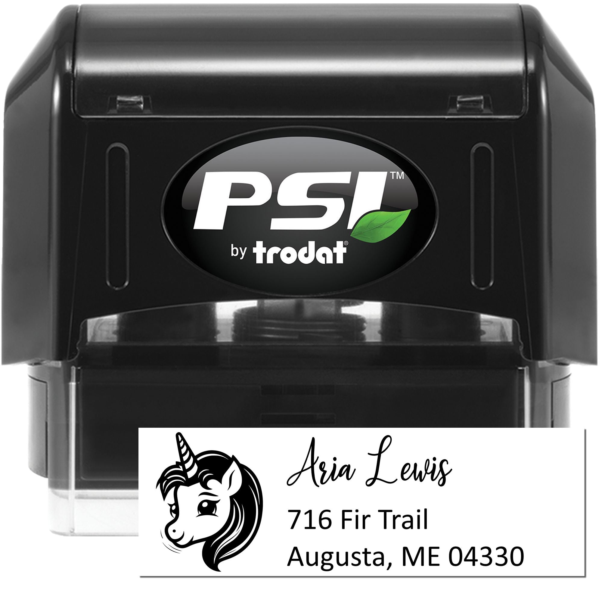 PSI by Trodat custom address rubber stamp with unicorn design, ideal for personalized mailing and return address stamping