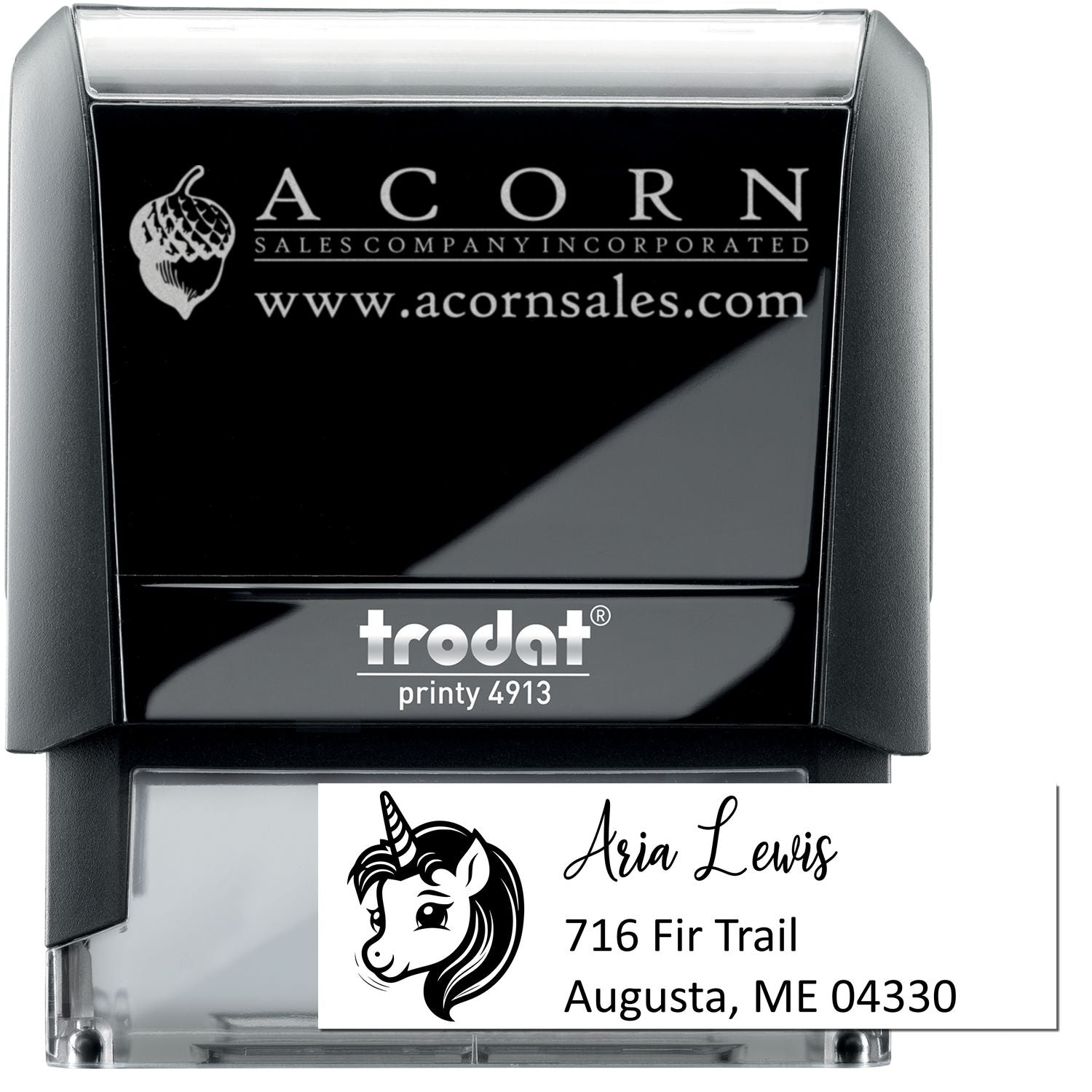 Custom unicorn address rubber stamp on Trodat Printy 4913 self-inking stamp for personalized mailing and branding.