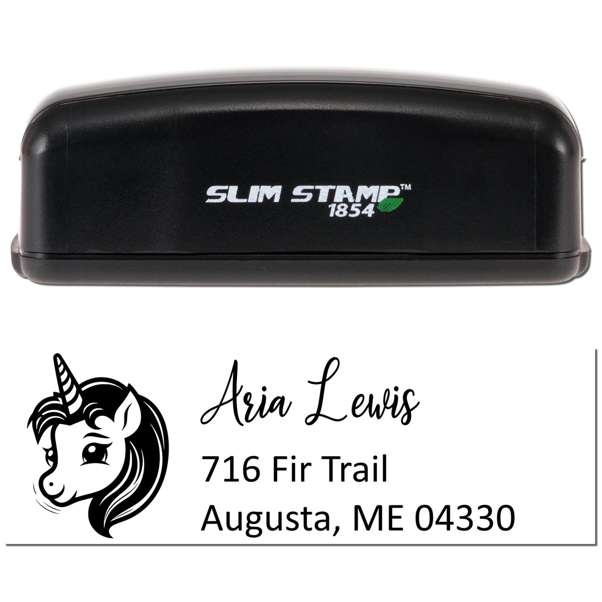 Slim Stamp 1854 personalized unicorn return address rubber stamp design for Aria Lewis, Augusta, ME.