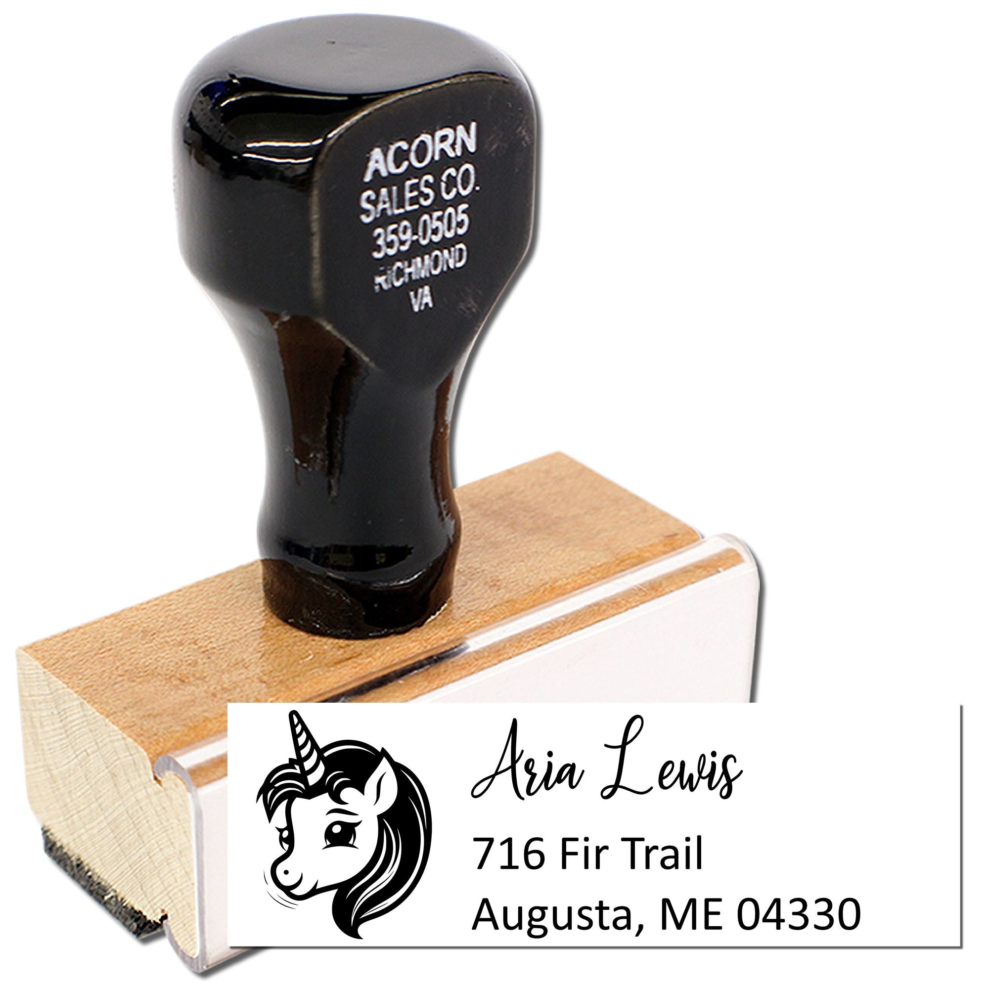 Custom unicorn address rubber stamp on wood block, personalized with name and mailing address for envelopes.