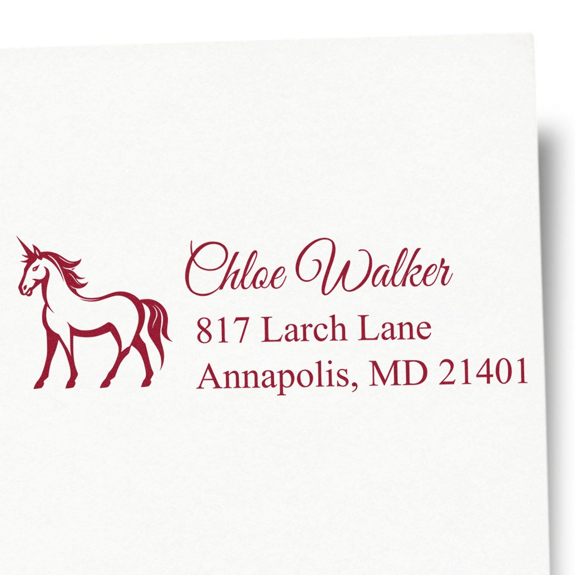 Personalized horse address rubber stamp for Chloe Walker, 817 Larch Lane, Annapolis, MD 21401
