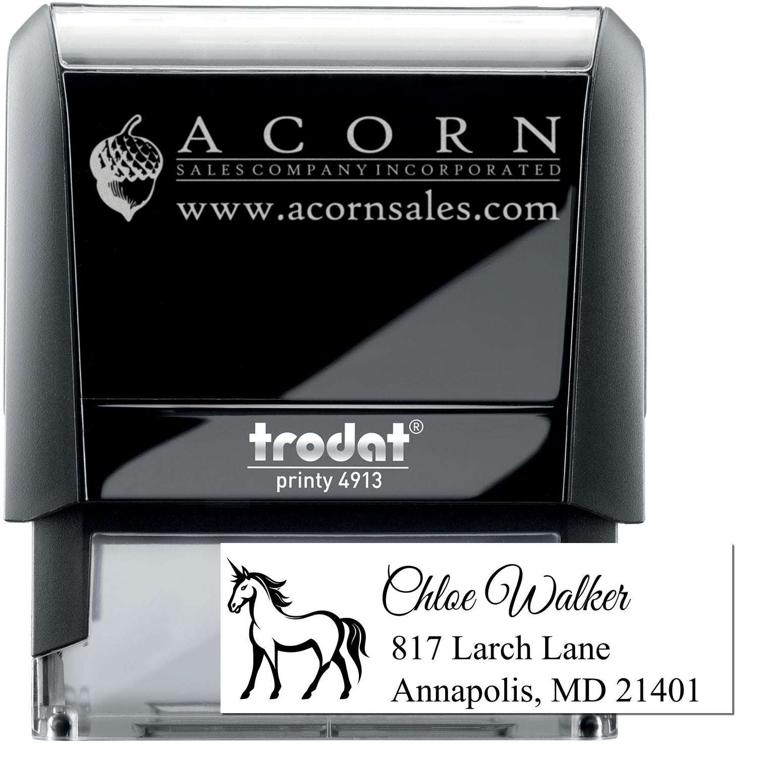 Custom self-inking rubber stamp for business and return addresses, featuring logo and personalized imprint.