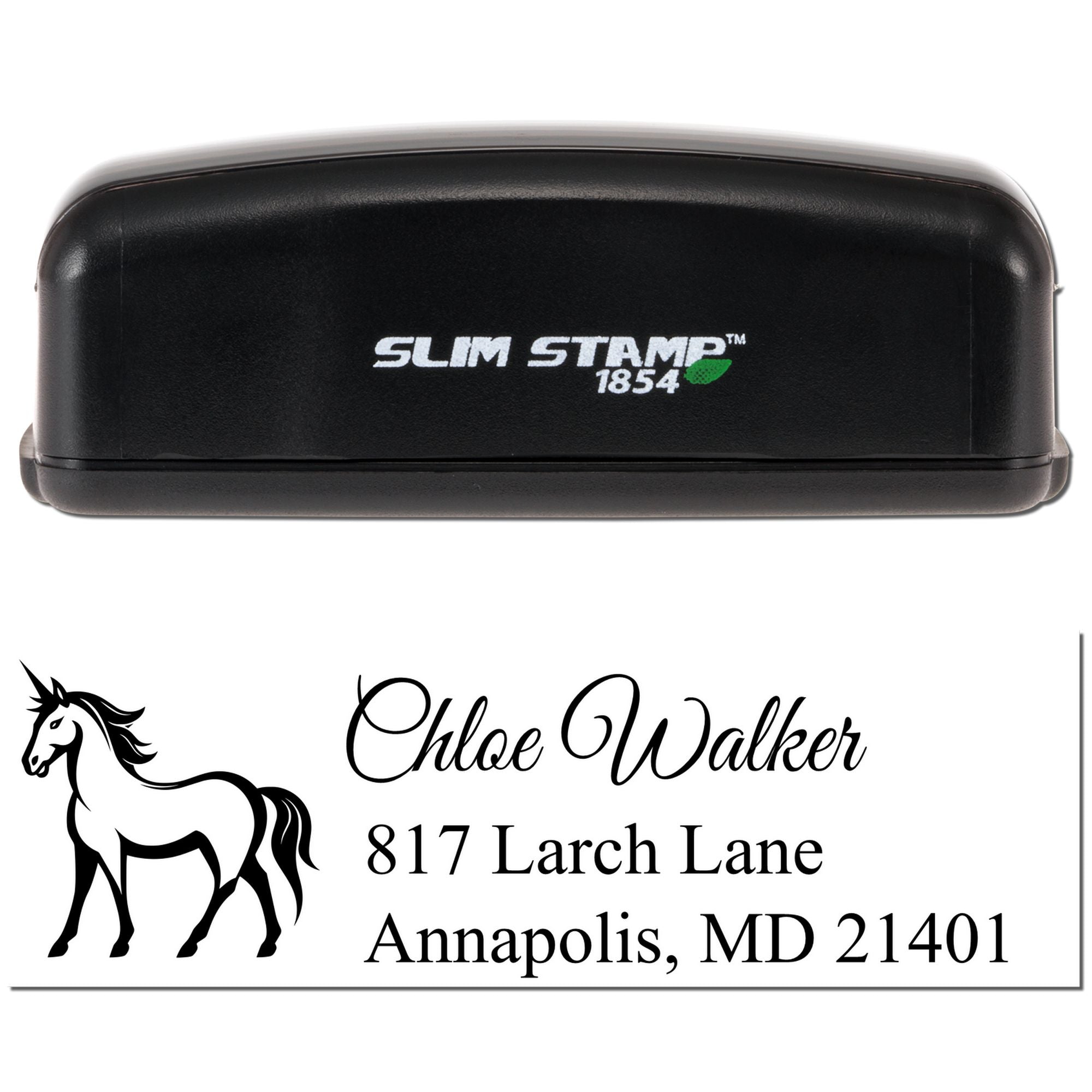 Slim Stamp 1854 custom rubber address stamp with unicorn design, featuring Chloe Walker name and Annapolis, MD return address.