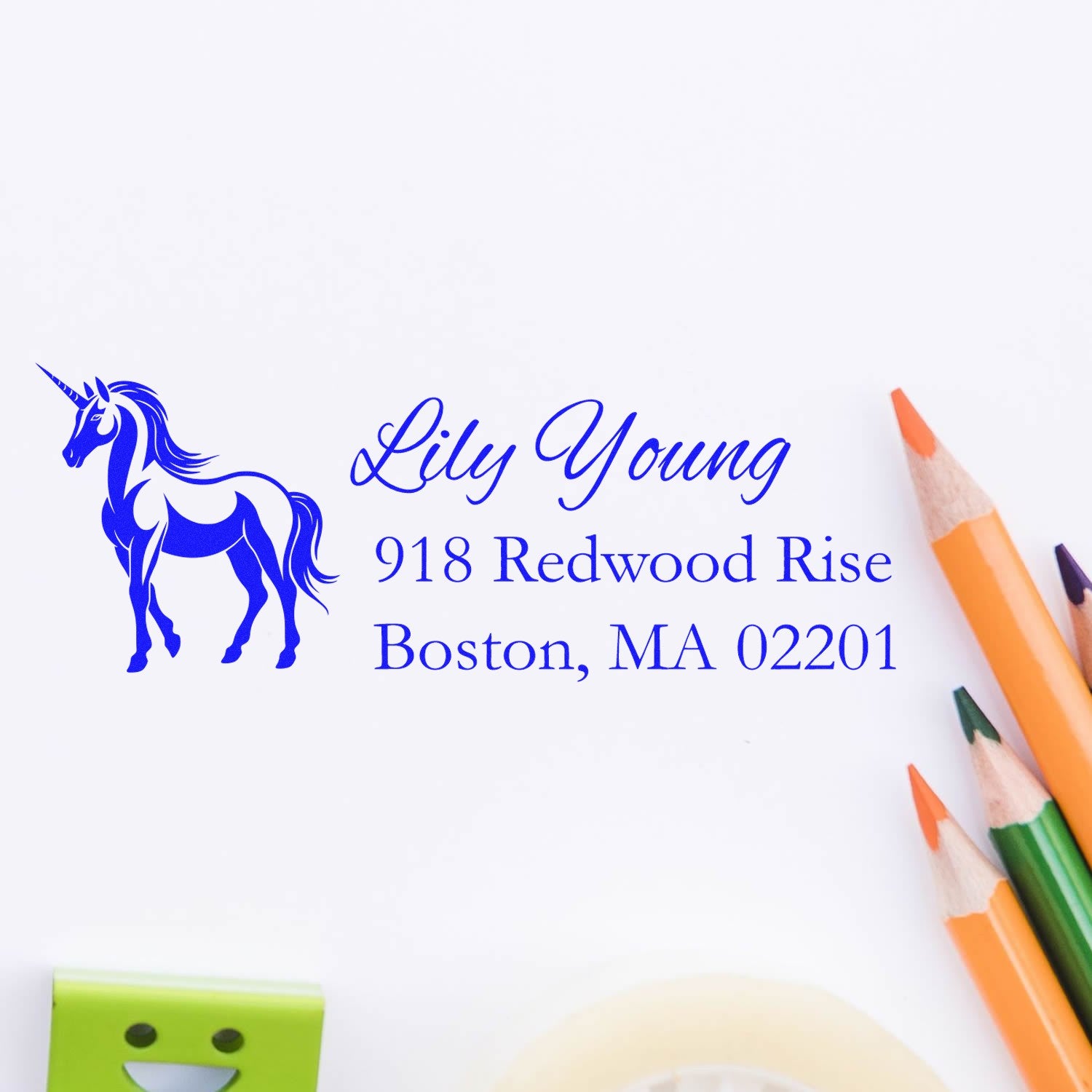 Personalized unicorn address rubber stamp for Lily Young, 918 Redwood Rise, Boston, MA 02201